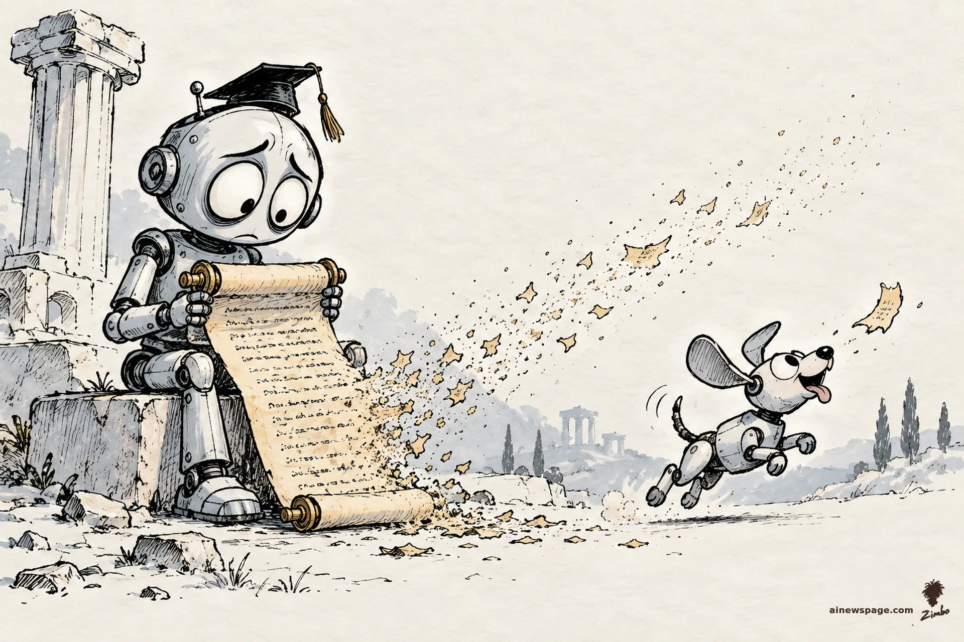 AI cartoon by Zimbo: Merv in a scholar's cap reads from an ancient scroll whose words dissolve to dust as he unrolls it; Buddy chases a drifting fragment.