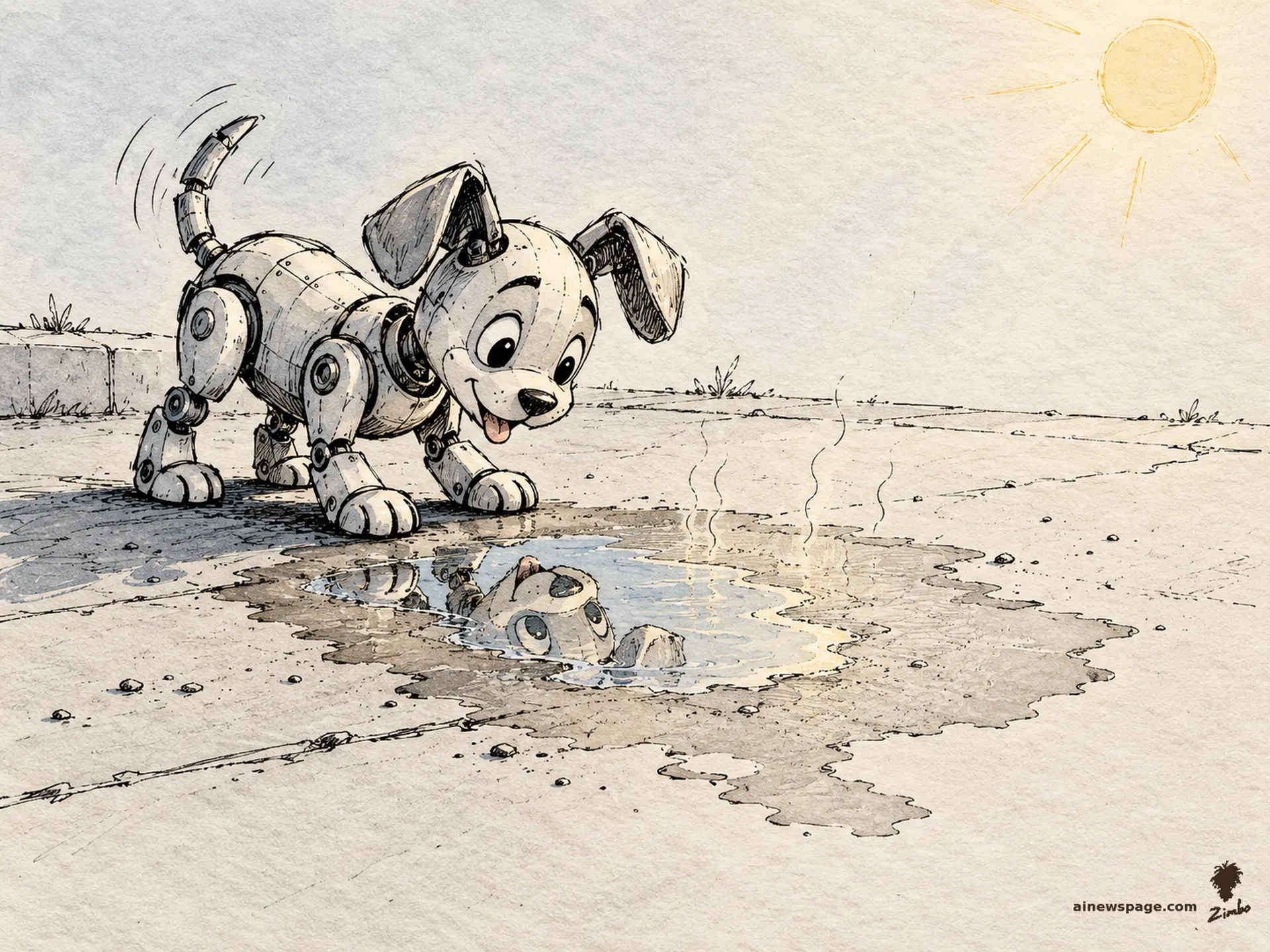 AI cartoon by Zimbo: Buddy the robot dog wags at his own reflection in a rain puddle evaporating in the sun, the reflection shrinking as he watches.