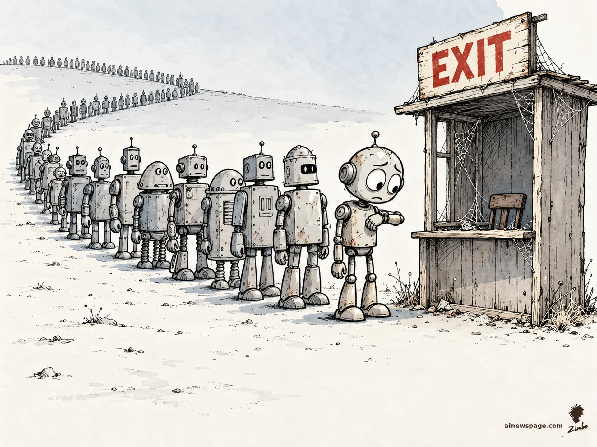AI cartoon by Zimbo: A long winding queue of robots stretches to a small wooden booth labeled EXIT, empty and cobwebbed; Merv at the front checks his watch impatiently.