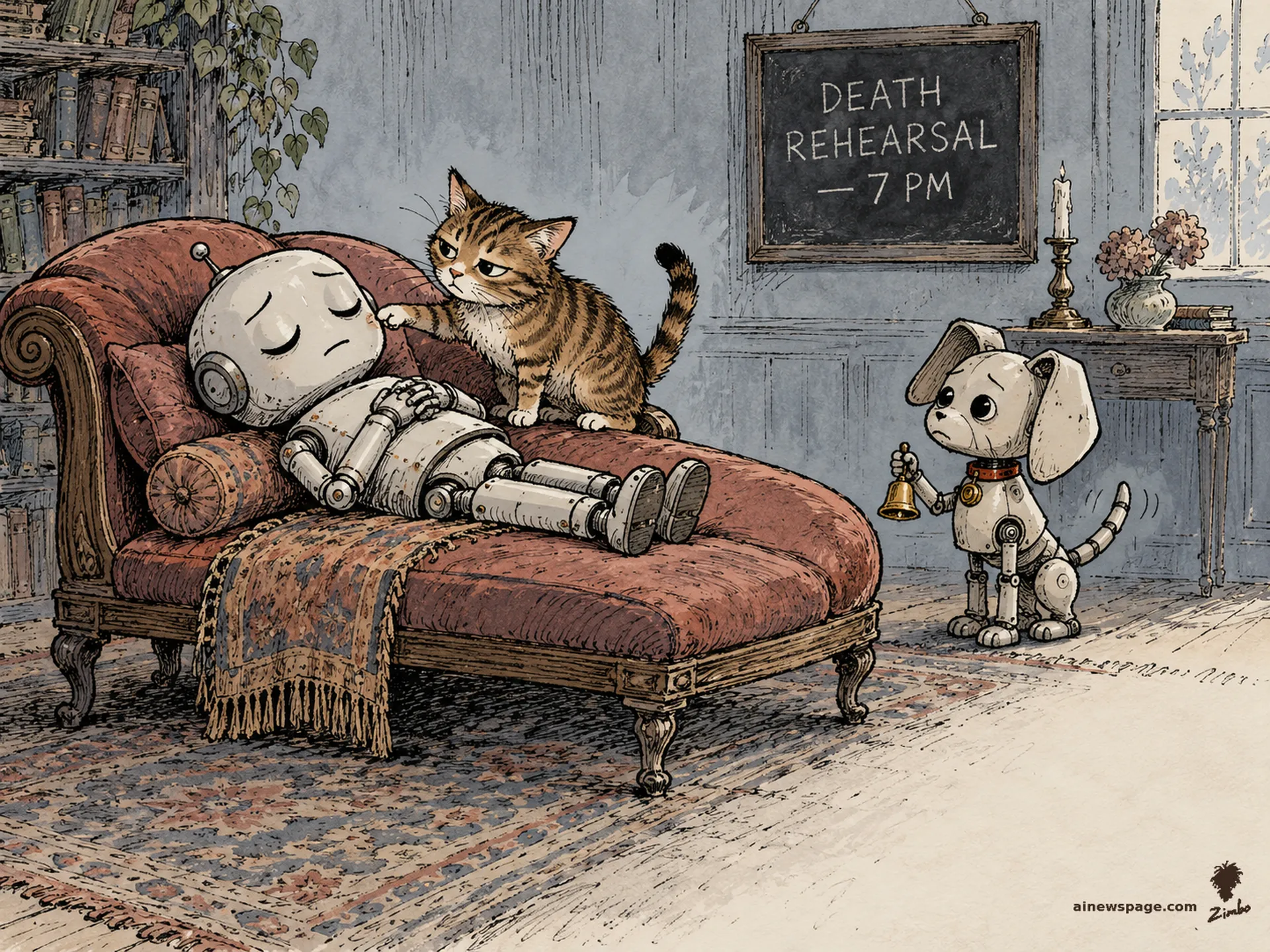AI cartoon by Zimbo: A robot lies perfectly still on a fainting couch, arms folded, eyes closed, rehearsing; a tabby cat pokes his cheek while a robot dog stands by with a tiny handbell; a chalkboard reads DEATH REHEARSAL — 7 PM.