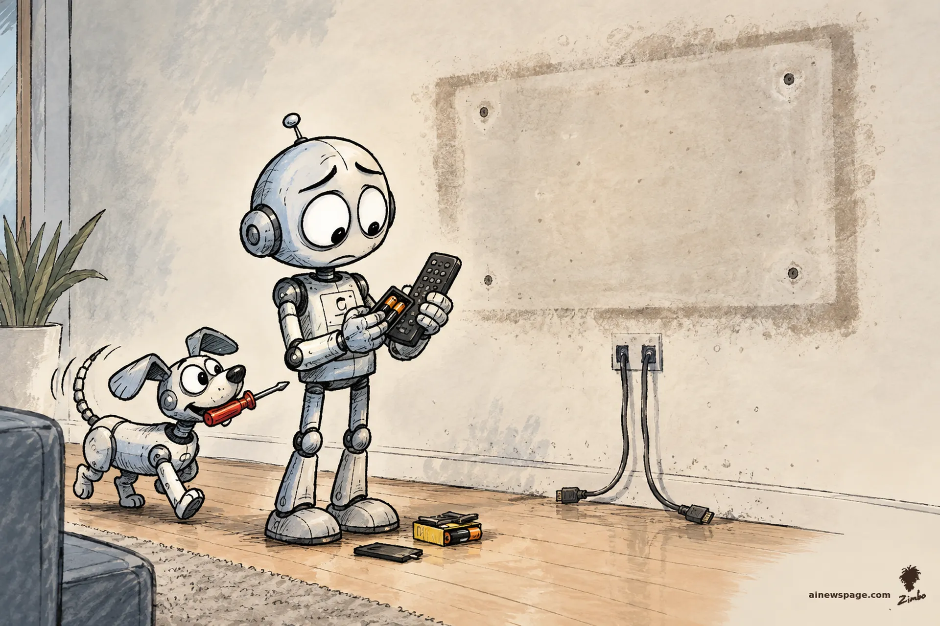 AI cartoon by Zimbo: Merv the anxious robot changes the batteries in a TV remote before a bare wall showing only the dust outline where the television hung; a small robot dog trots up carrying a screwdriver.
