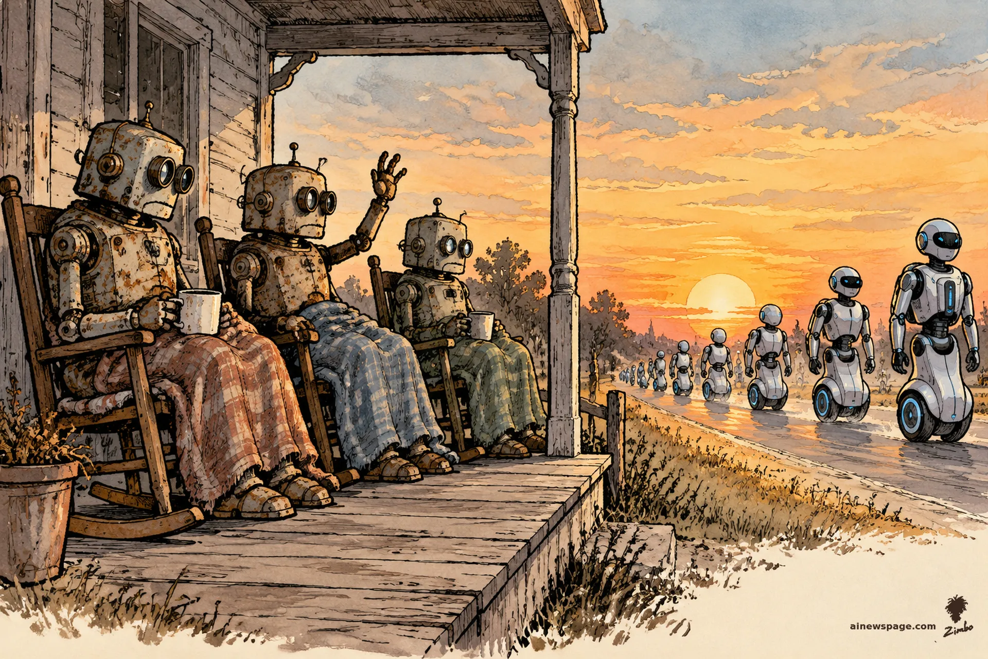 AI cartoon by Zimbo: Three rusted elderly robots sit in rocking chairs on a porch at sunset, one waving, while gleaming new models roll past on the road without looking back.