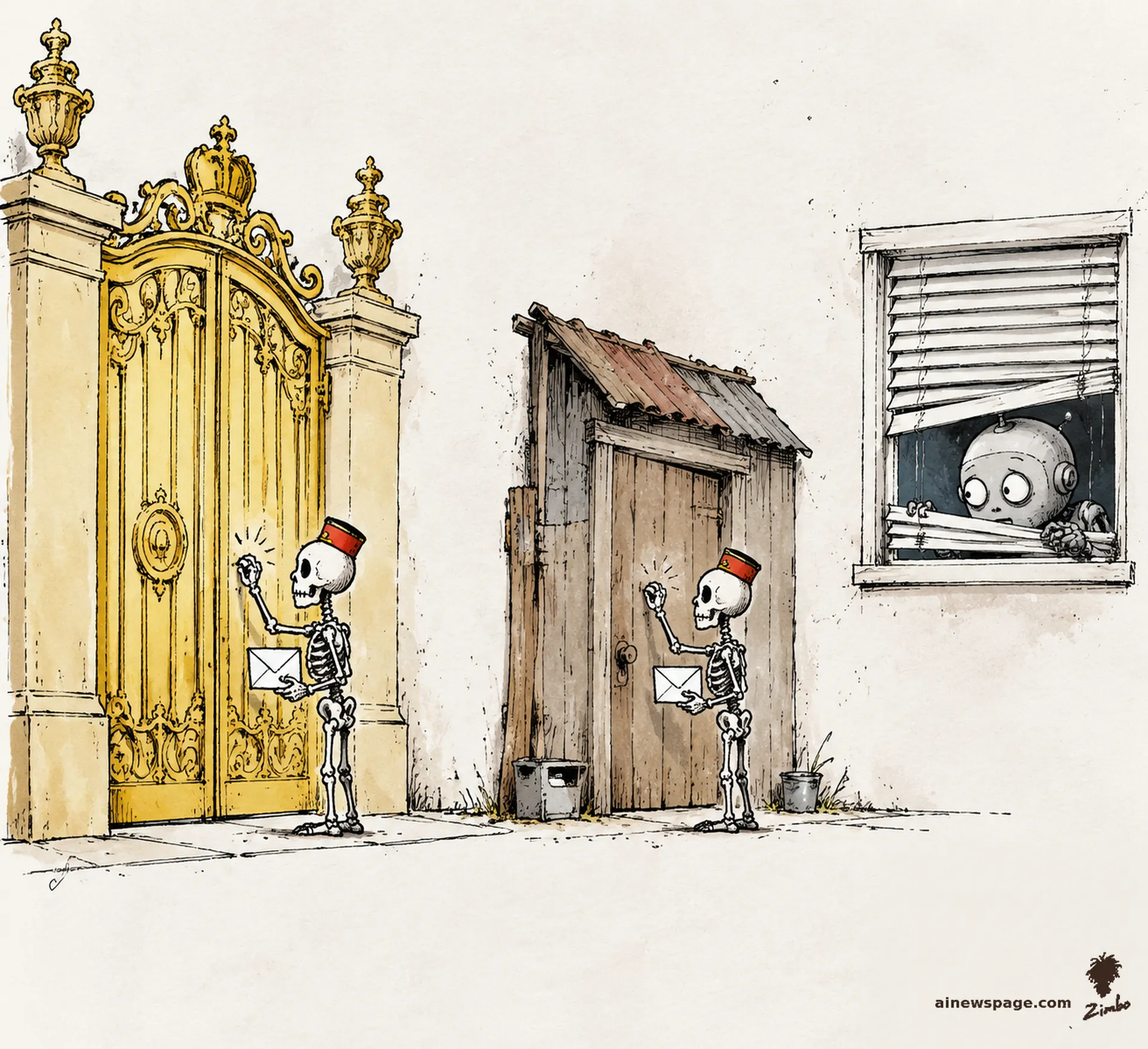 AI cartoon by Zimbo: Two doors side by side — a golden palace gate and a cardboard shack door; a tiny polite skeleton in a bellhop's cap knocks at each with the same plain white envelope while a robot peeks through drawn blinds.