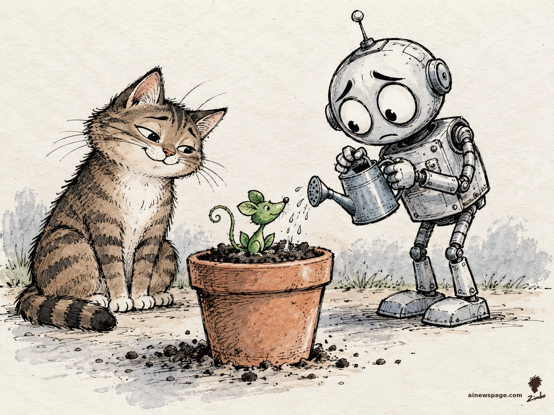 AI cartoon by Zimbo: A worried robot waters a flowerpot where a green sprout shaped like a mouse is growing; a knowing tabby cat watches.