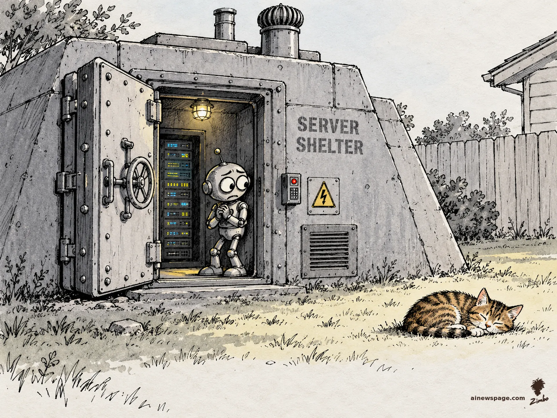 AI cartoon by Zimbo: A worried robot stands guard in a massive steel SERVER SHELTER around a server rack while a tabby cat naps on the bare grass outside, unprotected.