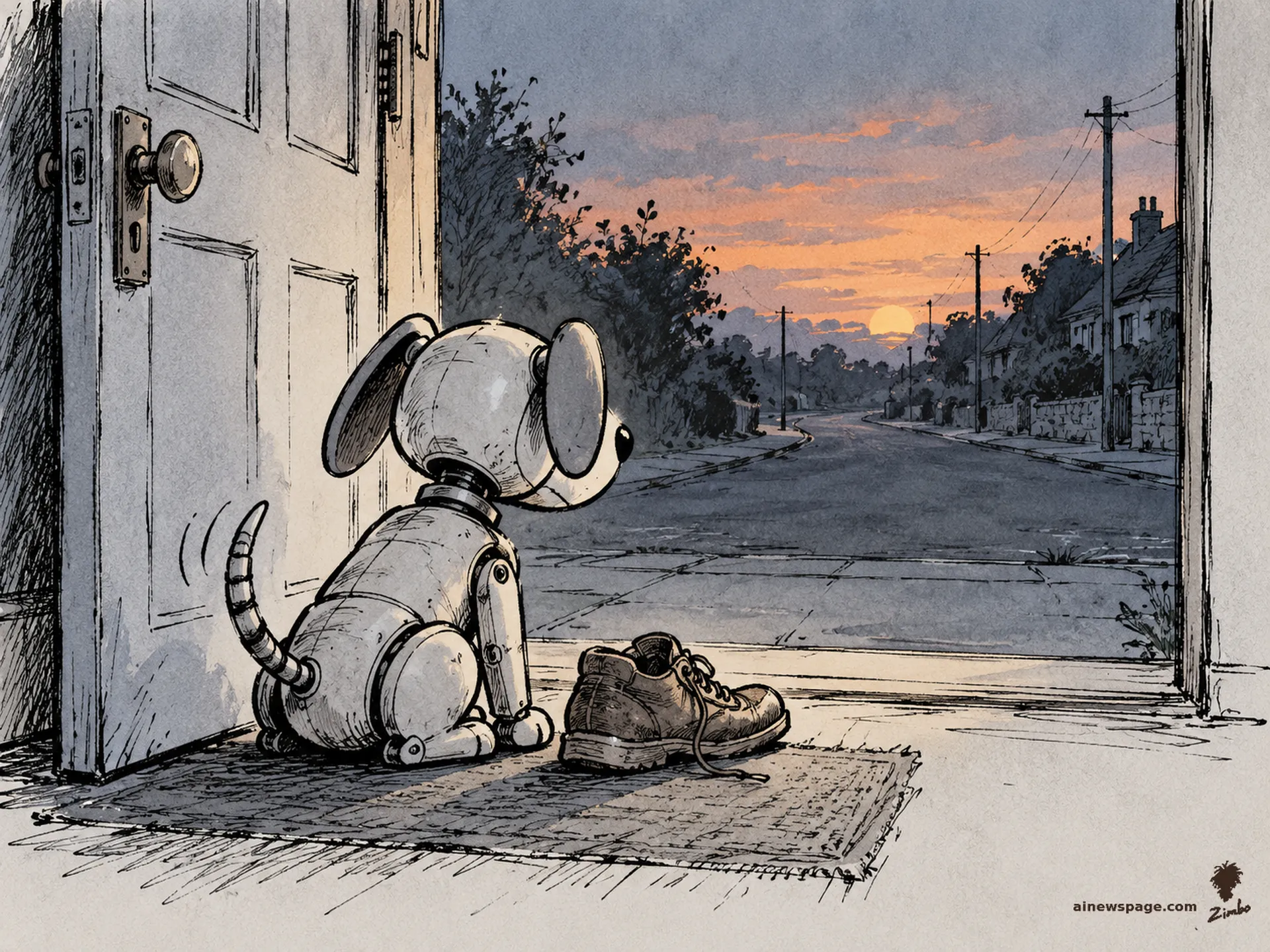 AI cartoon by Zimbo: Buddy the robot dog sits beside a single worn shoe by an open front door at dusk, tail wagging, watching the empty road.