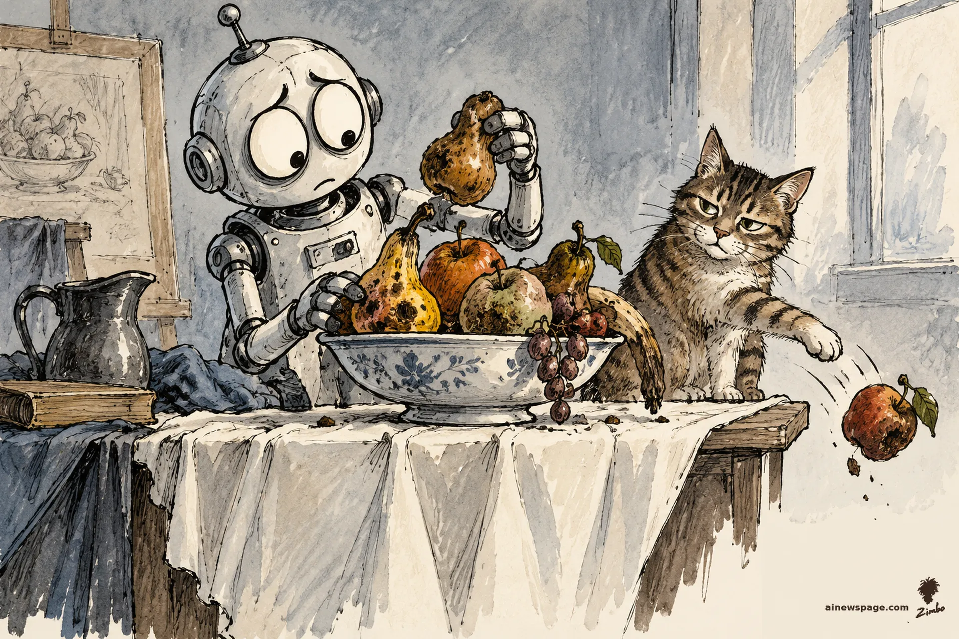 AI cartoon by Zimbo: Merv the anxious robot arranges a bowl of rotting fruit for a still-life painting session while a brown tabby cat bats a withered apple off the table.