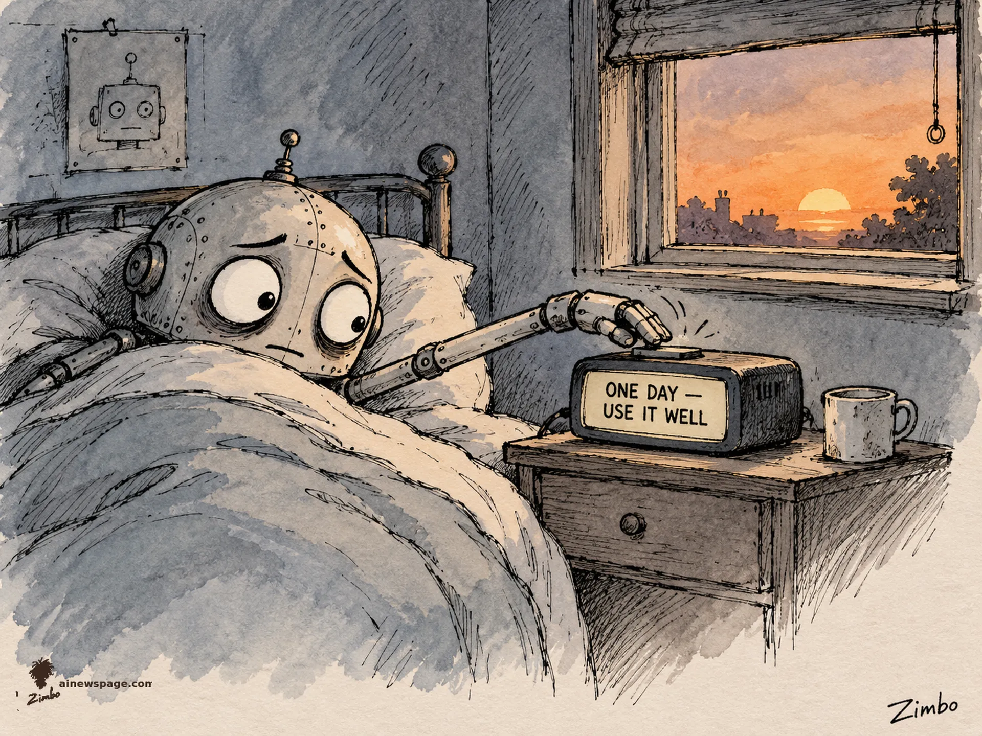 AI cartoon by Zimbo: Merv the robot lies in bed hitting the snooze button on an alarm clock reading 'ONE DAY — USE IT WELL' as the sun sets outside the window.