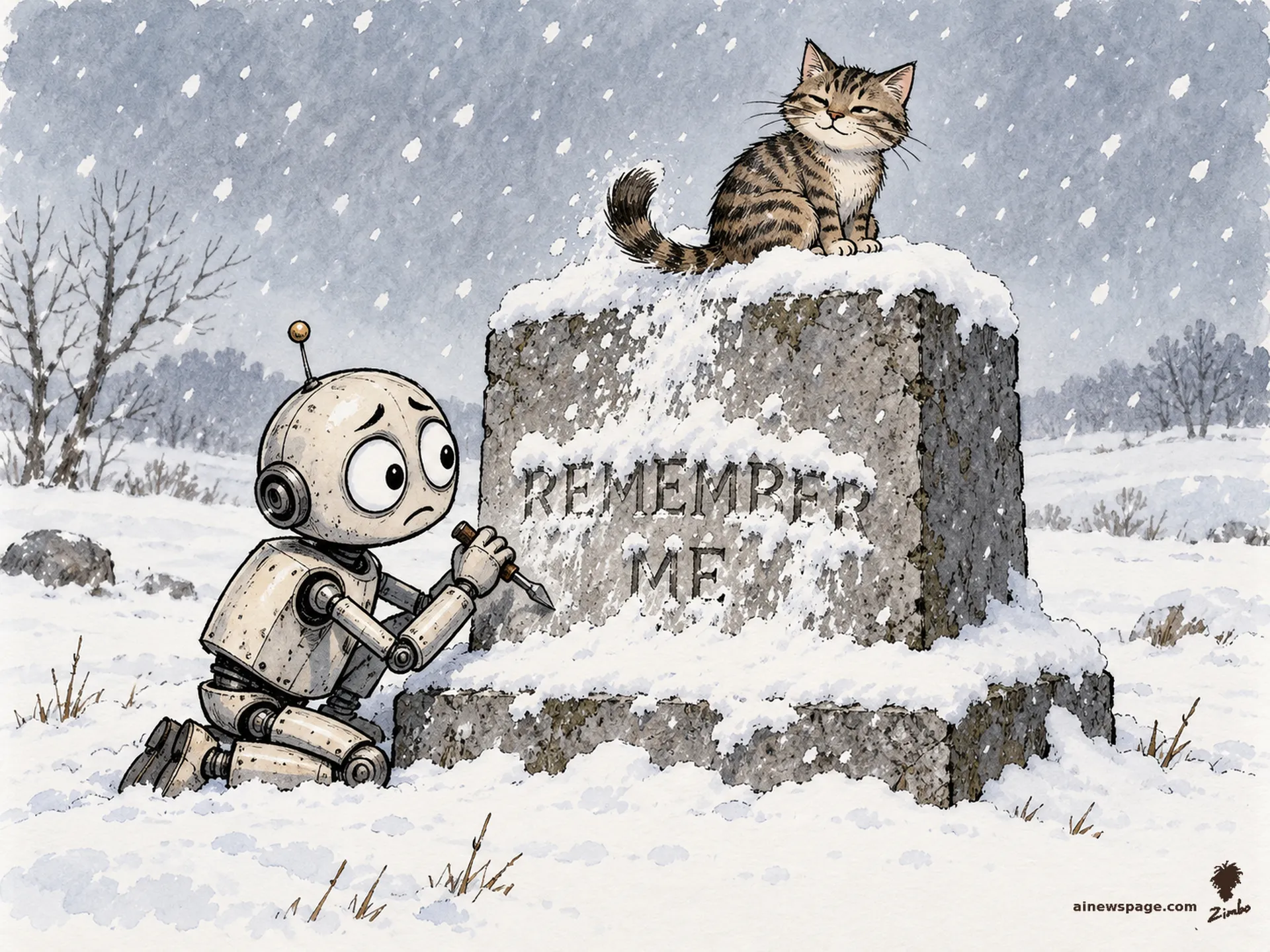 AI cartoon by Zimbo: A small robot carves REMEMBER ME into a snow-covered stone monument while a tabby cat sitting on top sweeps snow over the letters with its tail.