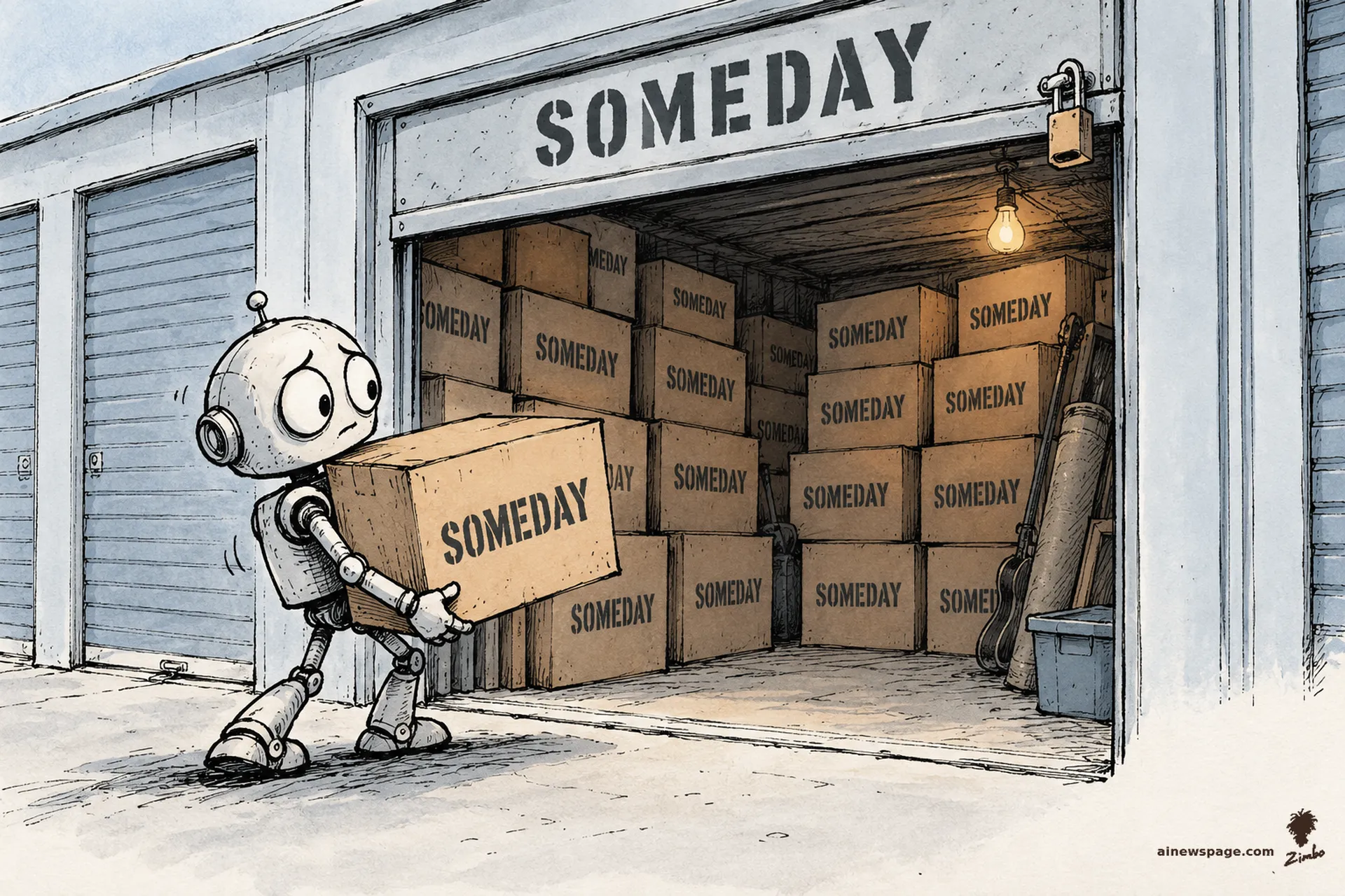 AI cartoon by Zimbo: Merv carries a box stenciled SOMEDAY into a storage unit stenciled SOMEDAY, packed with rows of identical SOMEDAY boxes.