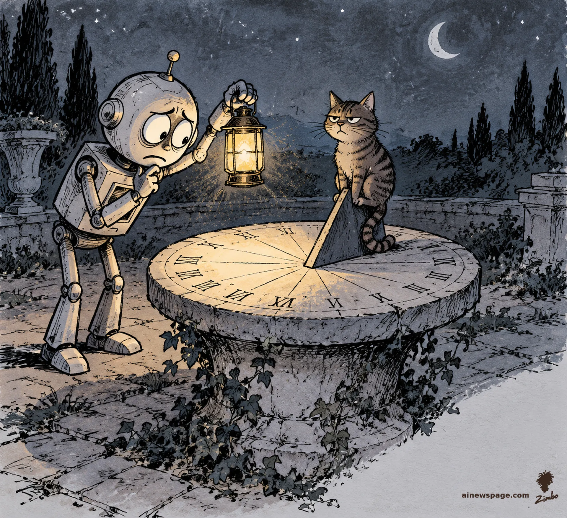 AI cartoon by Zimbo: Merv the anxious robot holds a lantern over a stone sundial at midnight, squinting at the shadowless dial; a brown tabby cat sits on the gnomon, unimpressed. Moon and stars in a night sky.