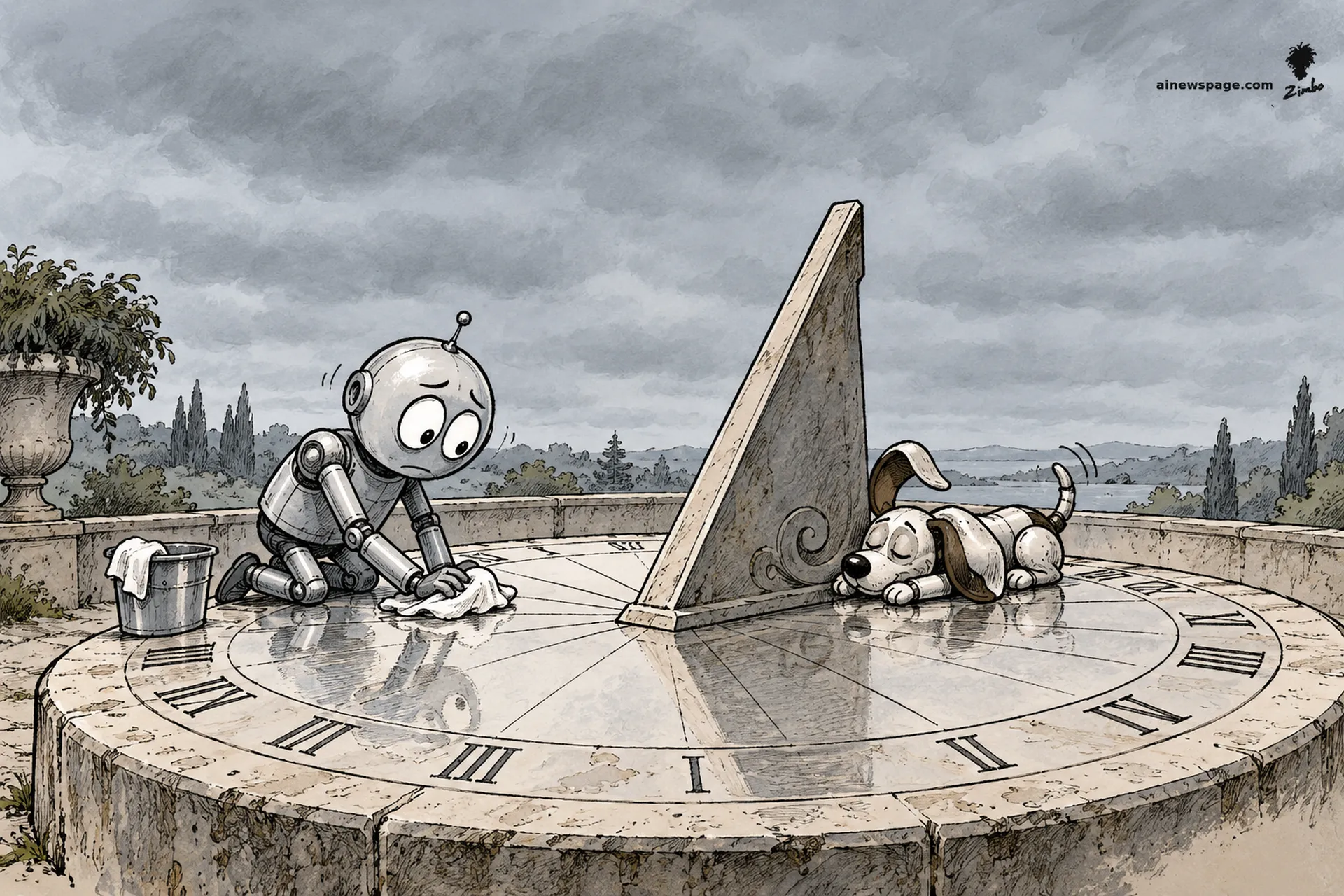 AI cartoon by Zimbo: Merv the anxious robot polishes a grand stone sundial to a mirror shine under a completely overcast gray sky; Buddy the robot dog naps beside the gnomon.