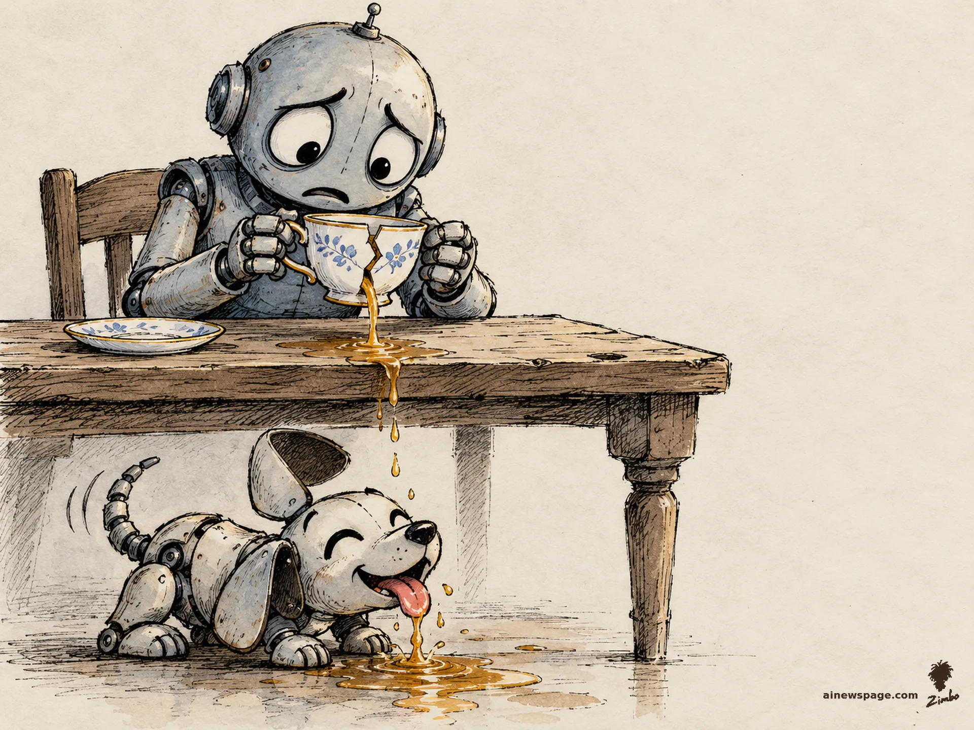 AI cartoon by Zimbo: Merv holds a cracked teacup together with both hands as tea streams through the crack; Buddy the robot dog laps up the spill below, delighted.