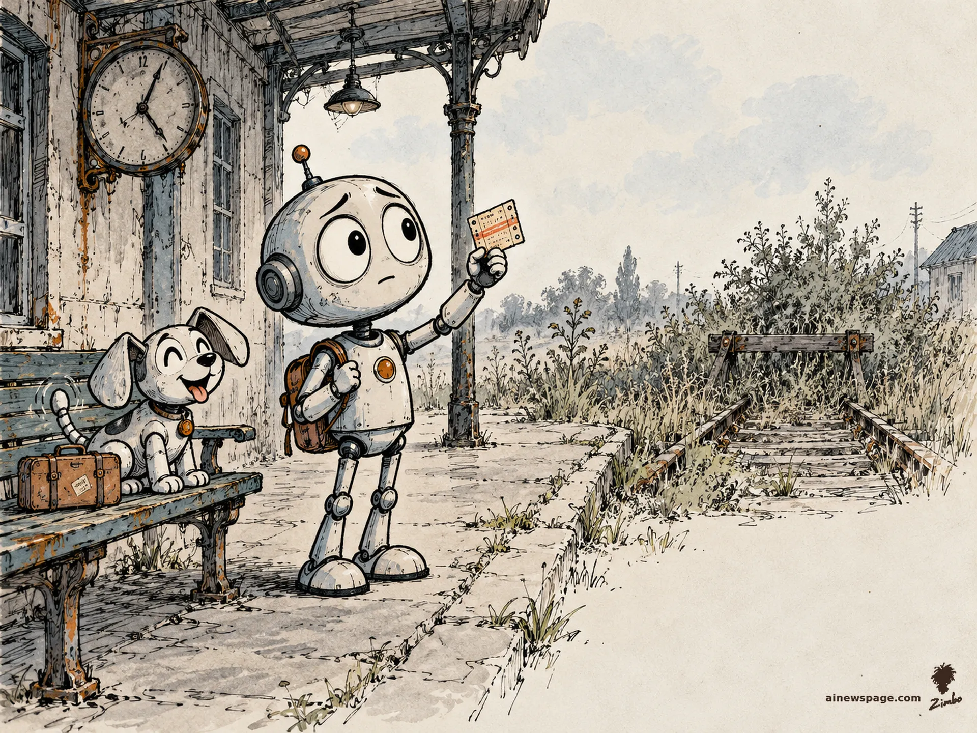 AI cartoon by Zimbo: Merv the anxious robot proudly holds up a punched paper ticket on an abandoned station platform where the rails end in weeds; a small robot dog waits on a bench with a suitcase, tail wagging.