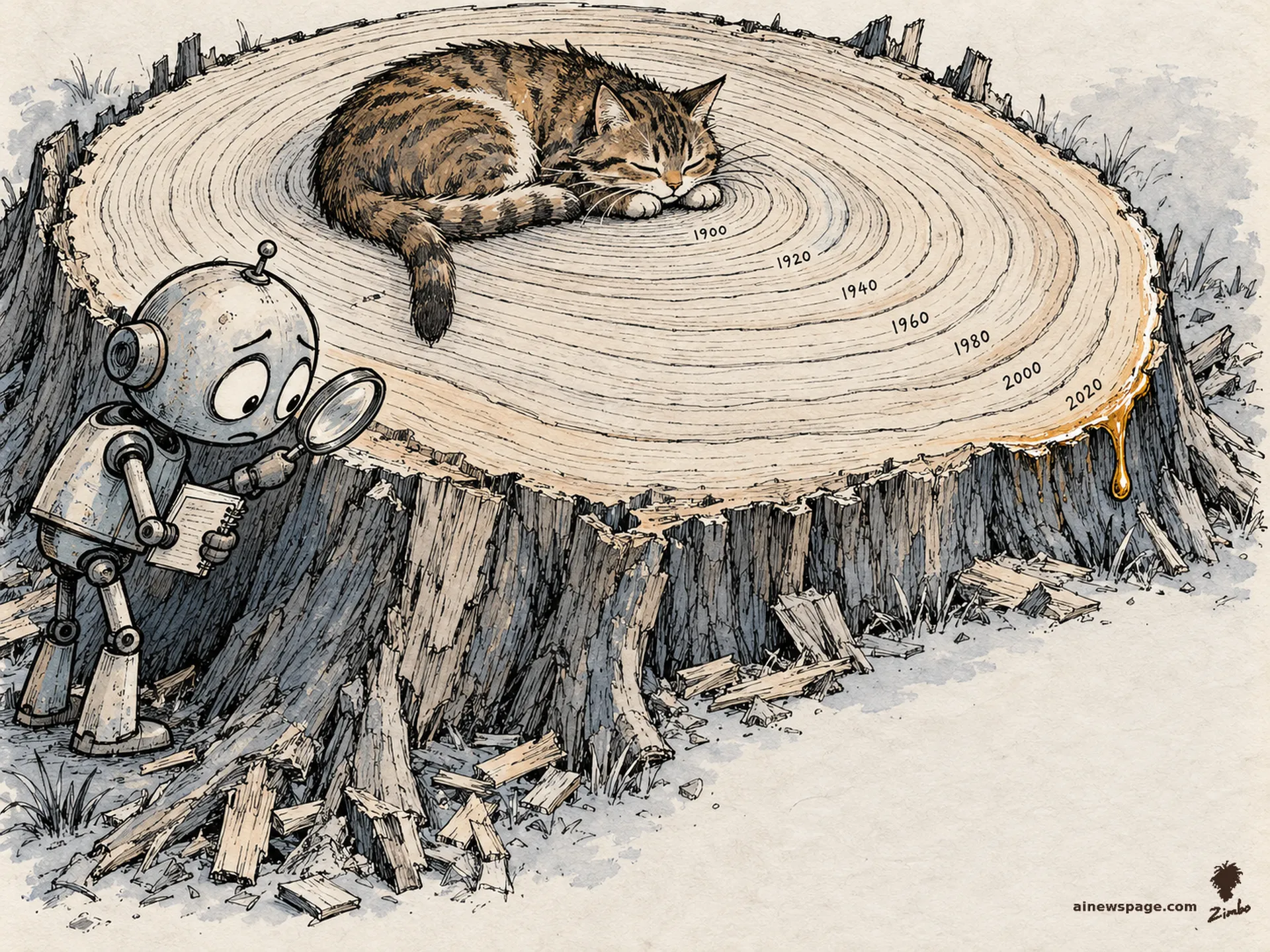 AI cartoon by Zimbo: Merv counts the rings of a sawn stump with a magnifying glass, years handwritten on each ring, while Issue the cat naps on the stump.