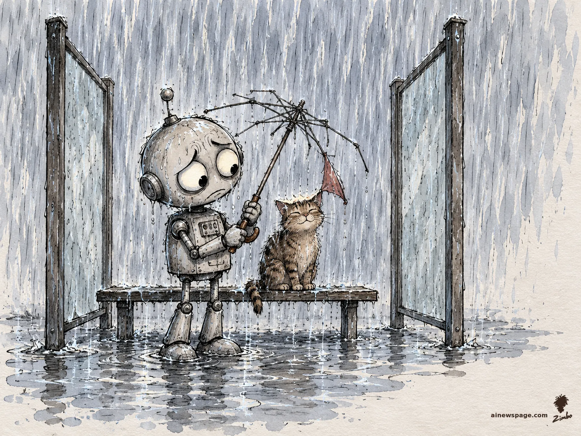 AI cartoon by Zimbo: Merv the anxious robot holds a tattered skeletal umbrella over a brown tabby cat while rain pours through a bus shelter that has no roof; both are drenched.