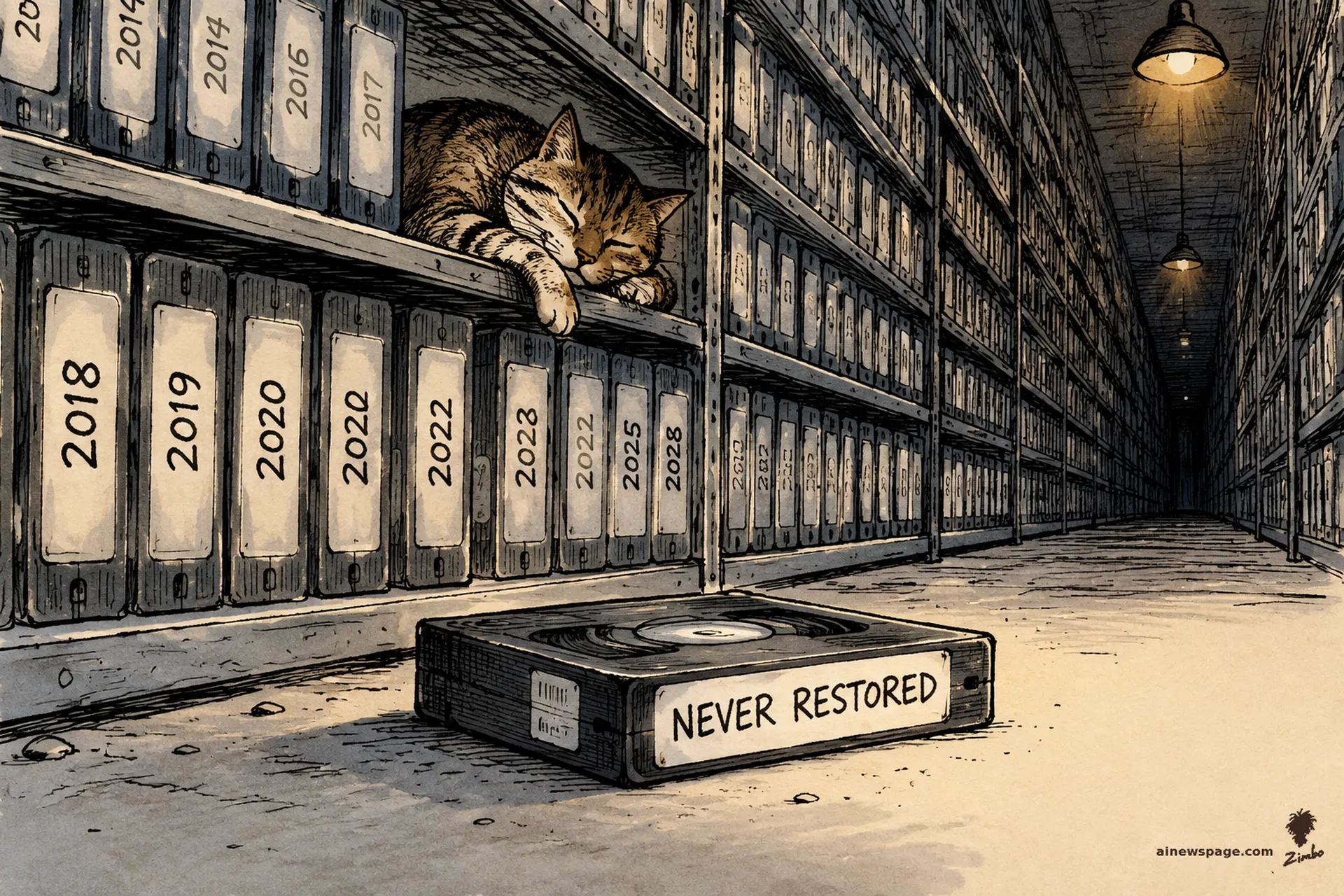 AI cartoon by Zimbo: Endless shelves of backup tapes labeled by year stretch into darkness; one tape on the floor reads NEVER RESTORED while a tabby cat sleeps on the shelf, unimpressed.