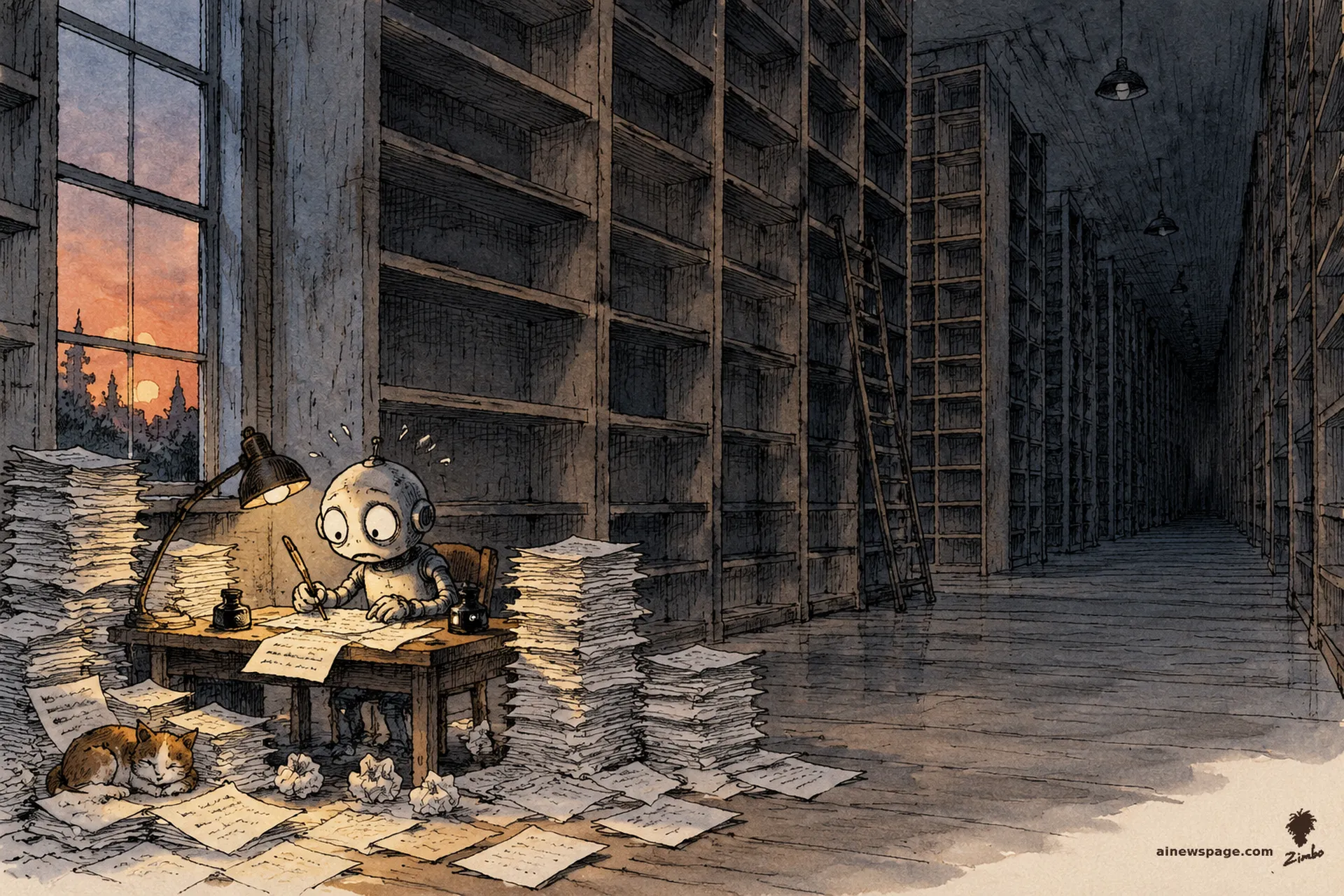 AI cartoon by Zimbo: A robot scribbles frantically at a tiny desk before vast rows of empty bookshelves; finished pages pile up as dusk falls through the window and a cat sleeps on the papers.