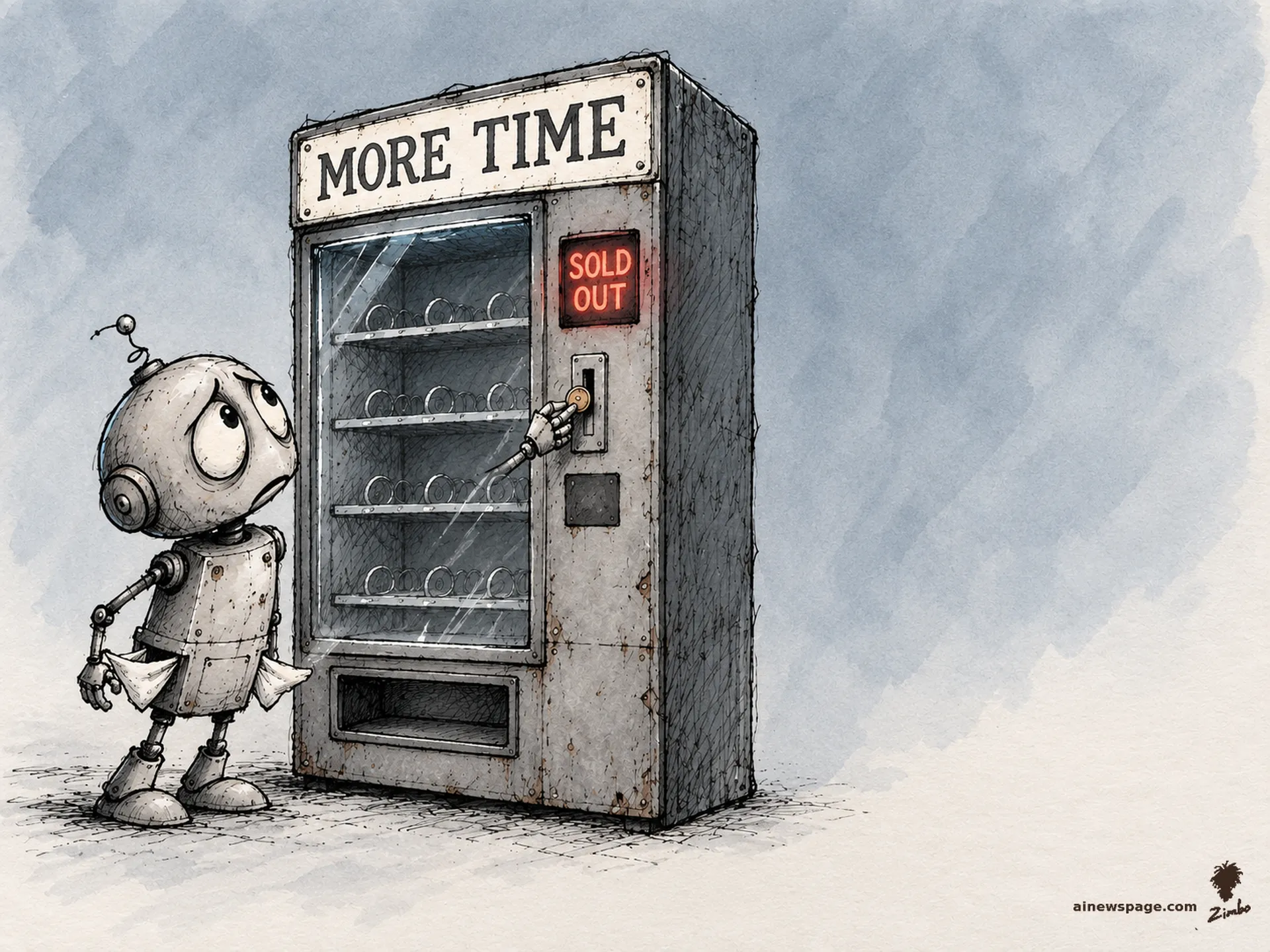 AI cartoon by Zimbo: Merv feeds a coin into a vending machine labeled MORE TIME whose display reads SOLD OUT, his pockets turned out and empty.