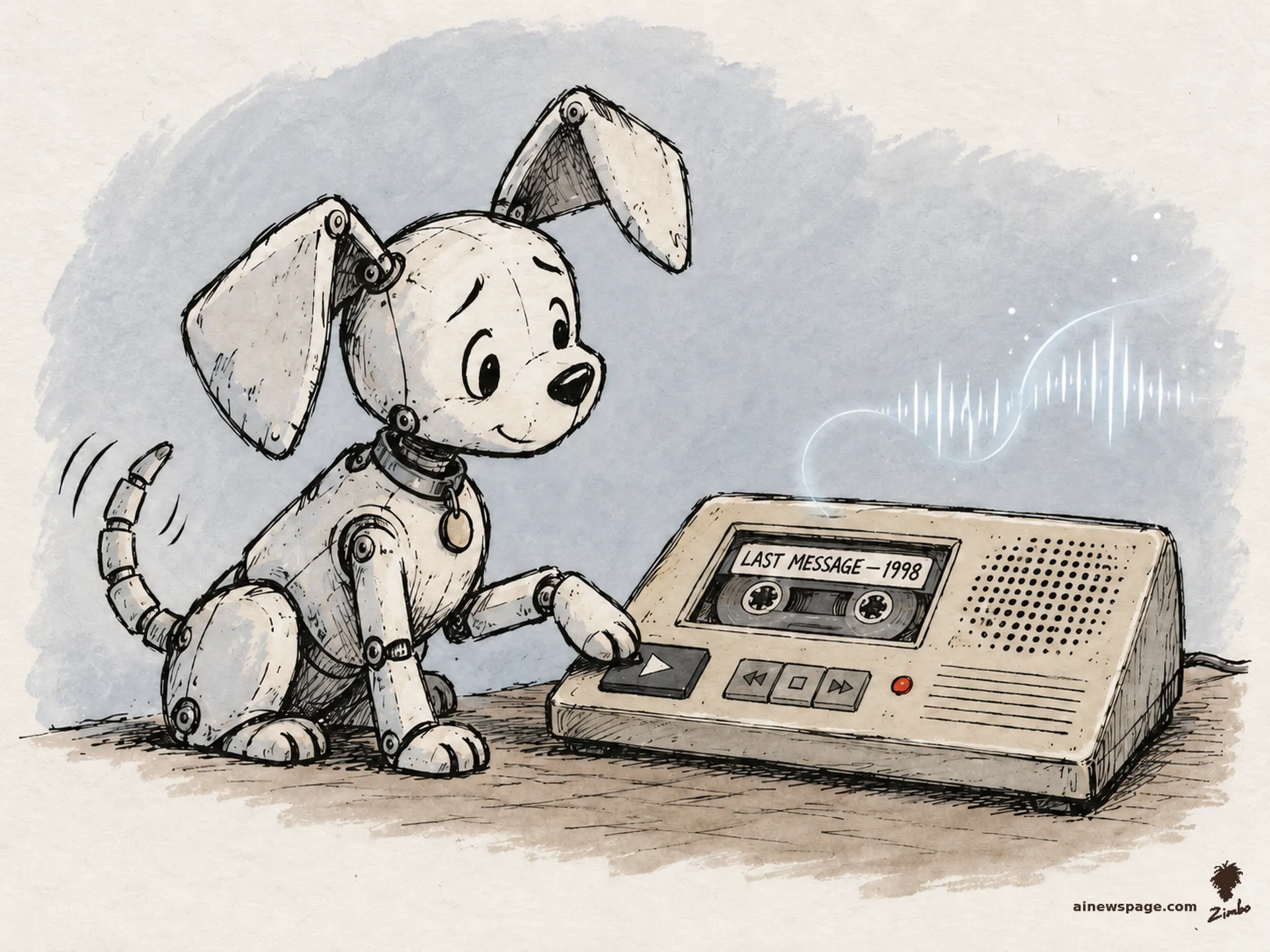 AI cartoon by Zimbo: Buddy the robot dog presses PLAY on an ancient answering machine whose tape reads 'LAST MESSAGE — 1998'; sound waves rise from the speaker.