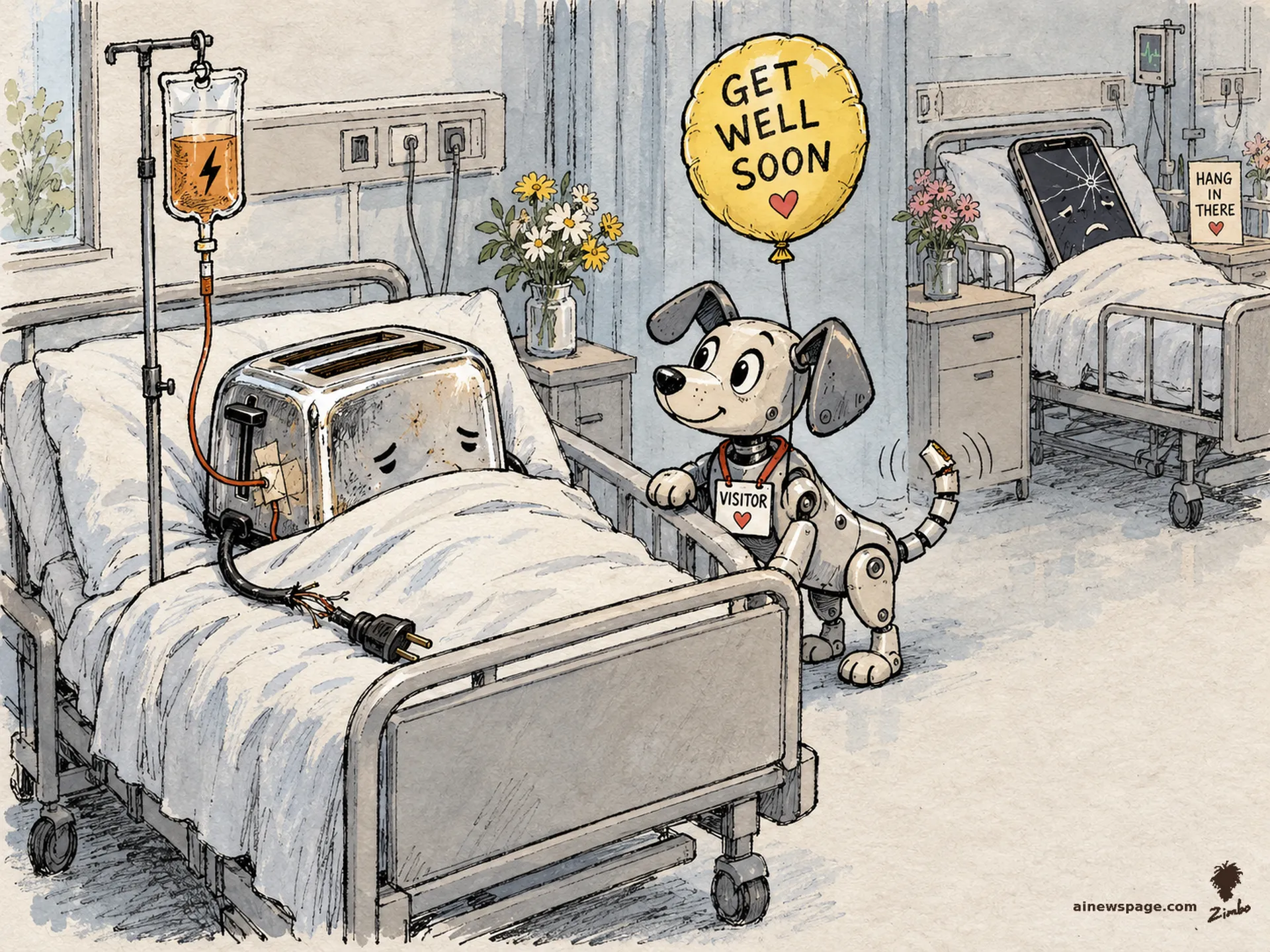 AI cartoon by Zimbo: Buddy the robot dog in a visitor's badge holds a GET WELL SOON balloon at the bedside of a toaster on an IV drip in a hospital ward for broken machines; a cracked-screen phone with a HANG IN THERE card lies in the next bed.