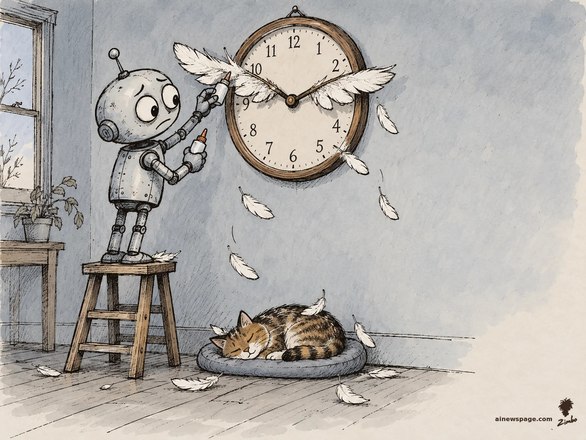 AI cartoon by Zimbo: Merv the anxious robot glues large white feathers onto the hands of a wall clock, wings outstretched mid-flight, as feathers peel off and drift to the floor; Issue the tabby naps under the clock.