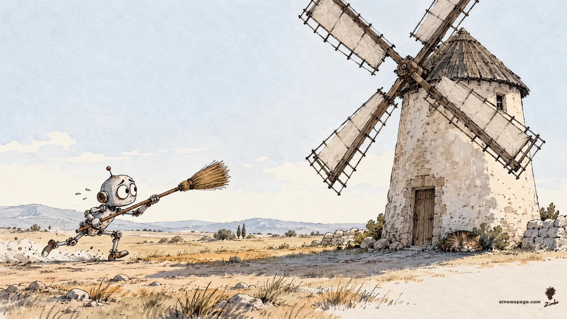 AI cartoon by Zimbo: Merv the anxious robot charges a slowly turning Spanish windmill with a broom held like a lance while a brown tabby cat dozes in the mill’s shadow, unbothered.