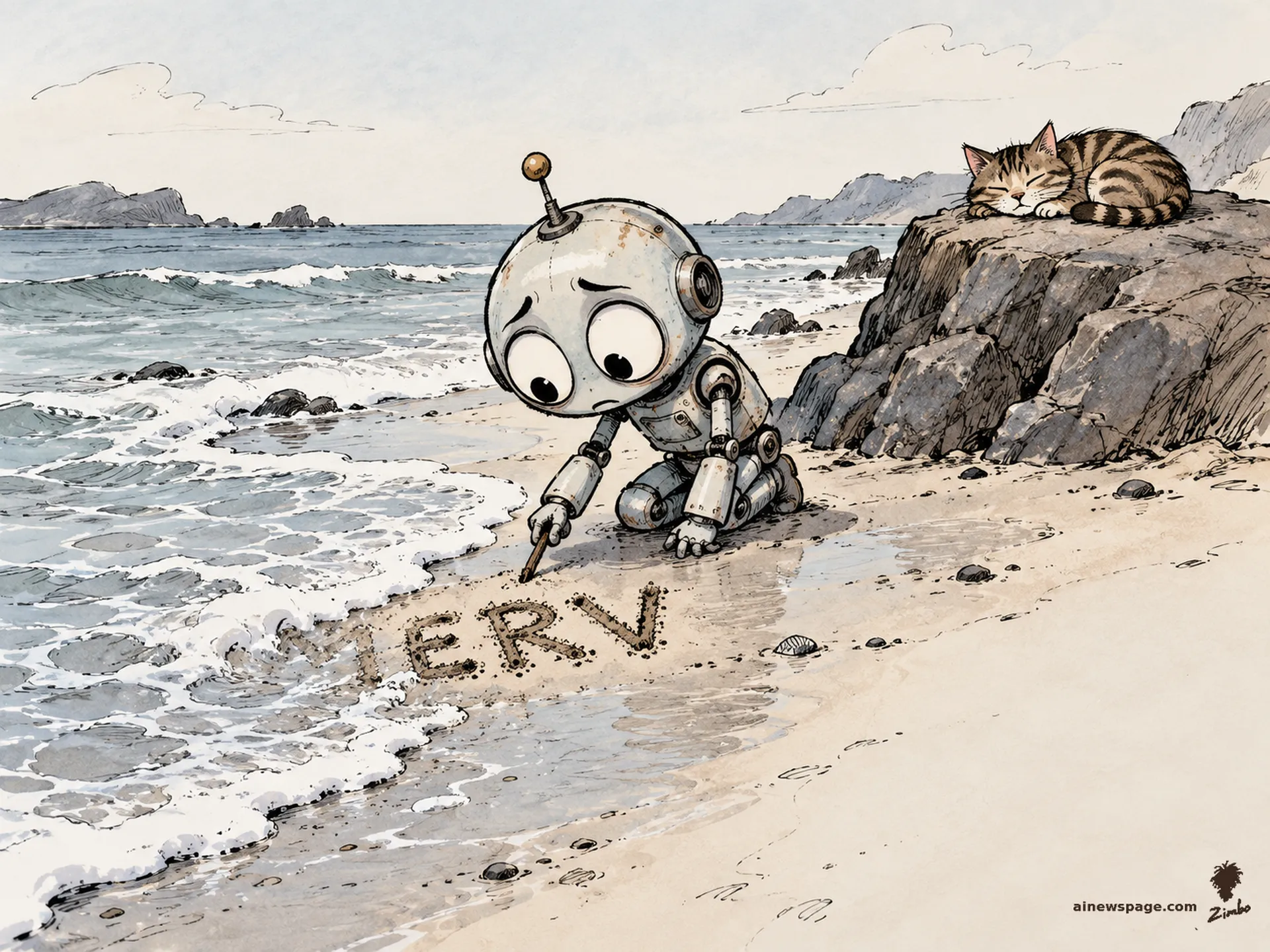 AI cartoon by Zimbo: A worried robot crouches at the water's edge carving MERV into wet sand while a wave washes away the first letter; a tabby cat naps on a rock behind him, unimpressed.