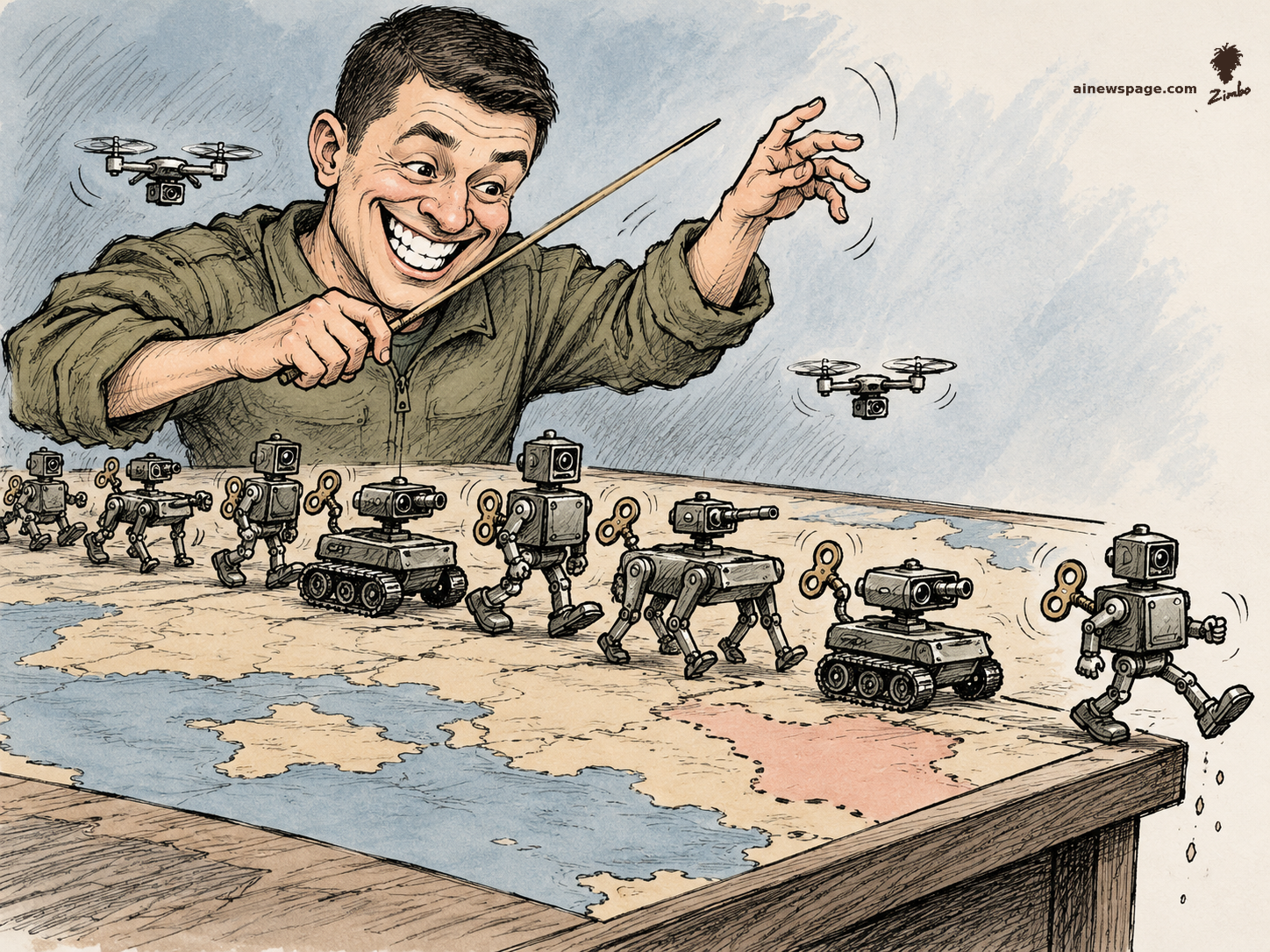 AI cartoon by Zimbo: Satirical cartoon: a grinning caricature of Mykhailo Fedorov in fatigues conducts a parade of wind-up toy robot soldiers marching across a war-room map table with a conductor’s baton.
