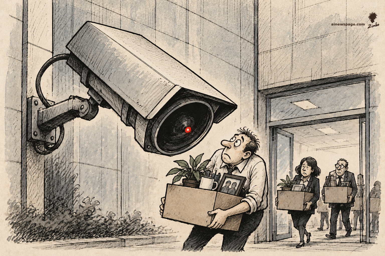 AI cartoon by Zimbo: Satirical cartoon: a giant wall-mounted security camera bends down to stare into the face of a disheveled fired employee carrying a box of desk belongings, while more box-carrying workers file out of the office behind him.