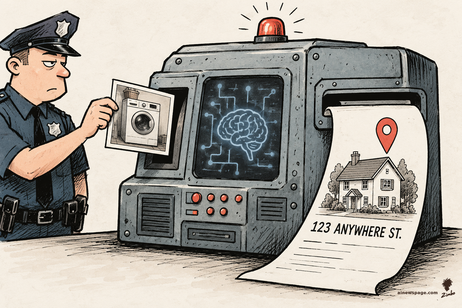 AI cartoon by Zimbo: Satirical cartoon: a bored police officer feeds a photograph of a washing machine into a giant retro police AI computer; a long receipt emerges showing a house sketch, a red map pin, and the address '123 ANYWHERE ST.'