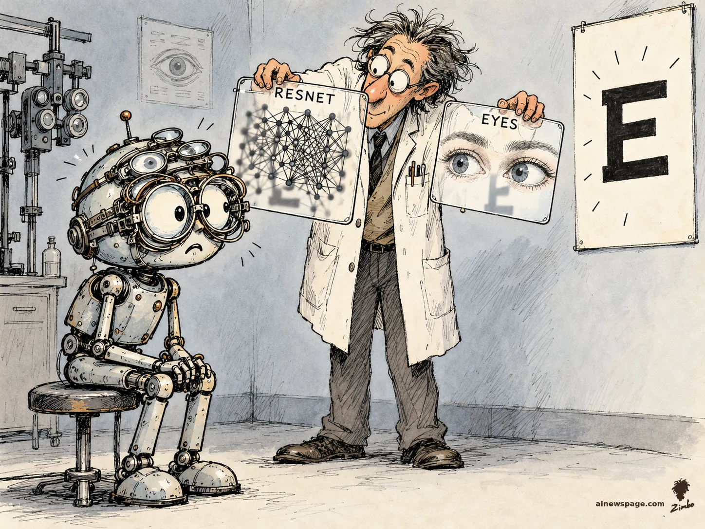 AI cartoon by Zimbo: Satirical cartoon: a wild-haired researcher holds up two transparencies — RESNET with a neural-network diagram and EYES with a pair of human eyes — while a worried robot wearing a ridiculous tower of steampunk spectacles sits at an eye exam, clearly failing.