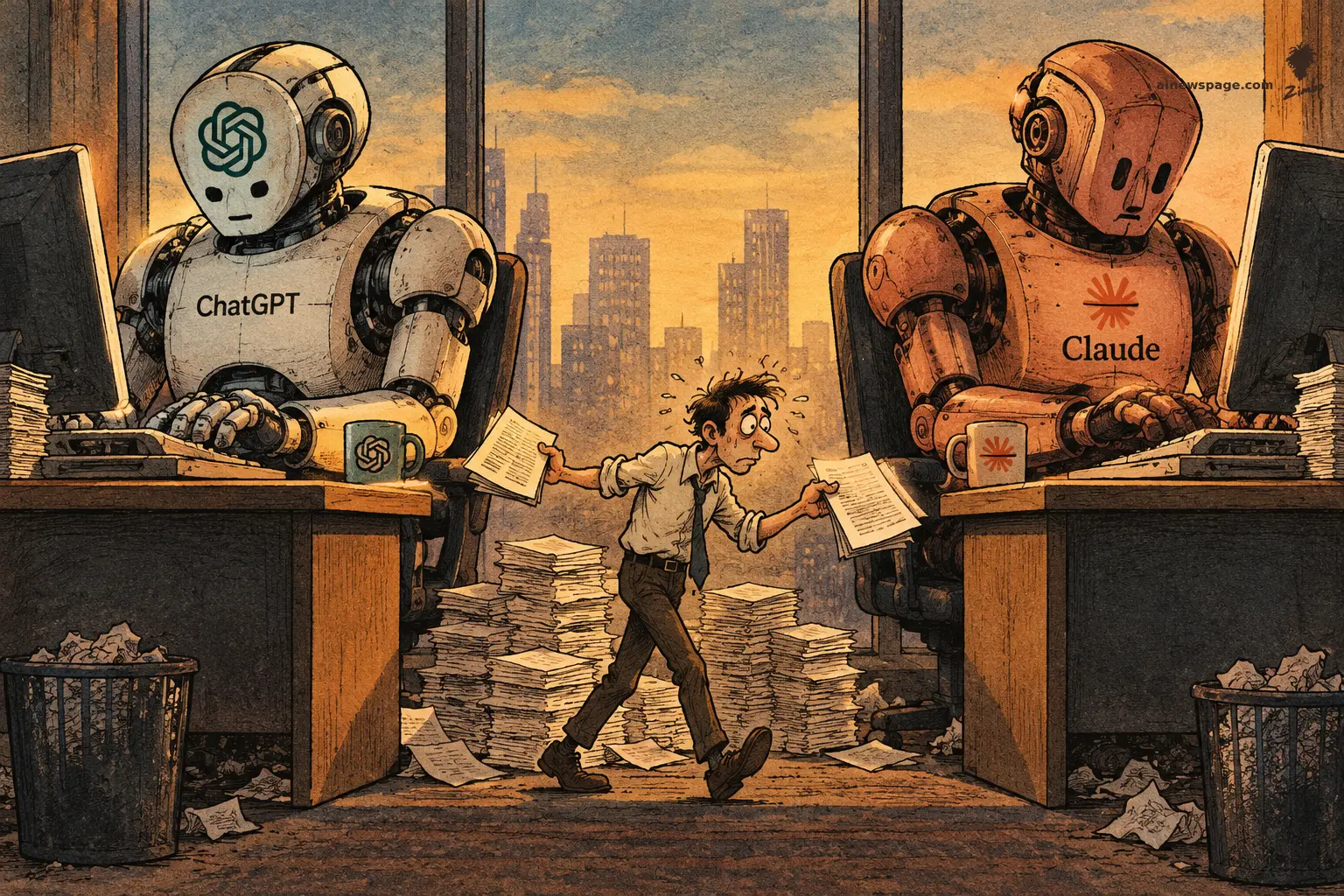 AI cartoon by Zimbo: Two giant robots labeled ChatGPT and Claude sit at desks inches apart while a tiny exhausted human office worker carries sheets of paper between them, surrounded by mountains of stacked documents.