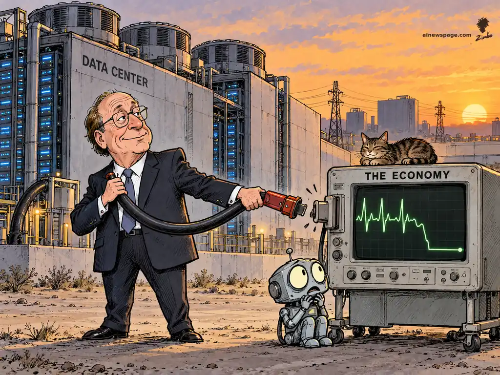 AI cartoon by Zimbo: BlackRock CEO Larry Fink holds the big power plug he pulled from a heart monitor labeled THE ECONOMY, its trace flatlining; a giant DATA CENTER looms behind, a worried little robot watches, a tabby cat loafs atop the monitor. On Fink's warning that a data-center moratorium would trigger a recession.