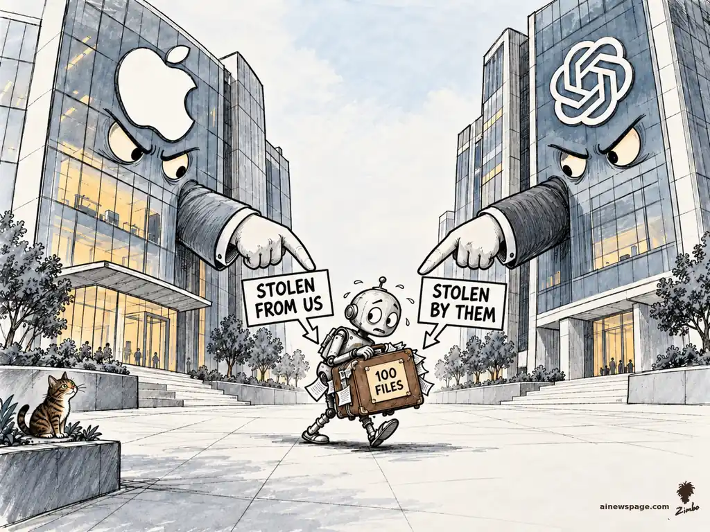AI cartoon by Zimbo: Personified Apple and OpenAI towers glare with angry eyes, each pointing an accusing finger at the other, while tiny worried robot Merv scurries between them with a briefcase labeled 100 FILES; signs read STOLEN FROM US and STOLEN BY THEM, and the cat Issue watches from a planter.