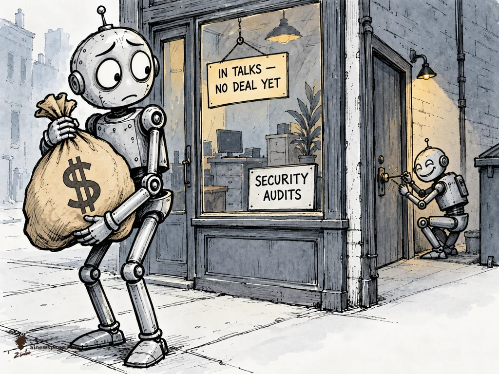 AI cartoon by Zimbo: Worried robot Merv stands before a SECURITY AUDITS storefront with a hanging IN TALKS — NO DEAL YET sign, holding a giant money bag, while a cheery tiny robot picks the shop's back-door lock with a lockpick. On OpenAI's reported early talks to acquire cybersecurity firm Trail of Bits.