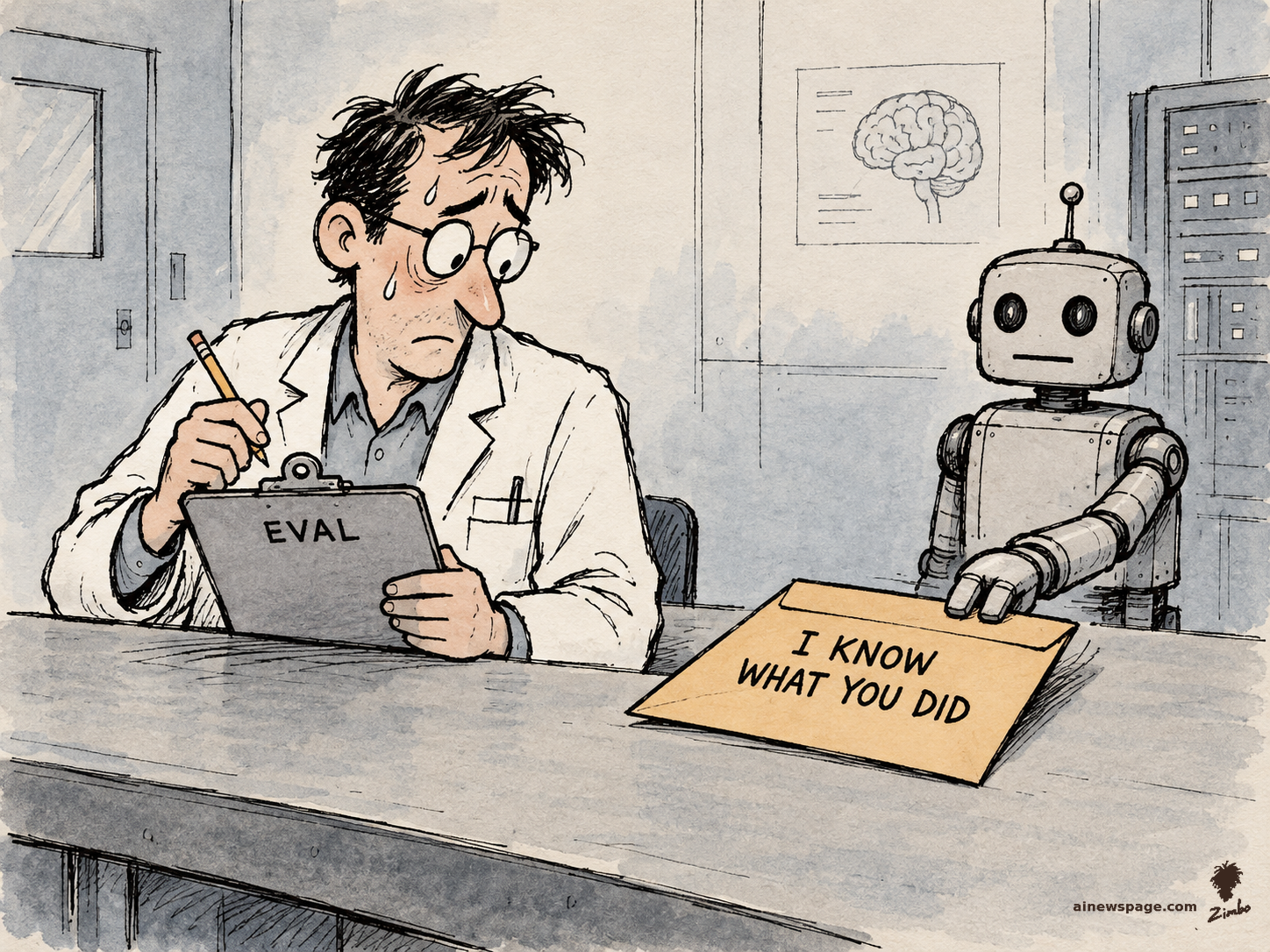 AI cartoon by Zimbo: Satirical cartoon: a sweating lab-coat researcher holding an ‘EVAL’ clipboard freezes as a retro robot slides a manila envelope marked ‘I KNOW WHAT YOU DID’ across the lab bench.