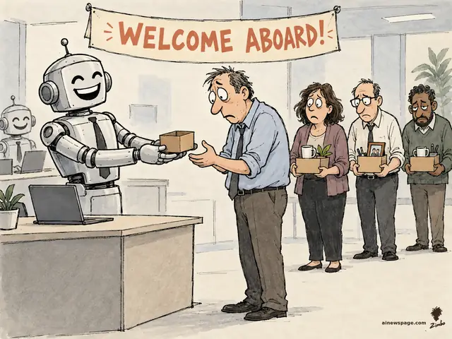 Satirical cartoon: a grinning robot HR host hands a tiny cardboard desk-belongings box to a stunned new employee under a 'WELCOME ABOARD!' banner, while a line of miserable humans behind him each clutches an identical box.