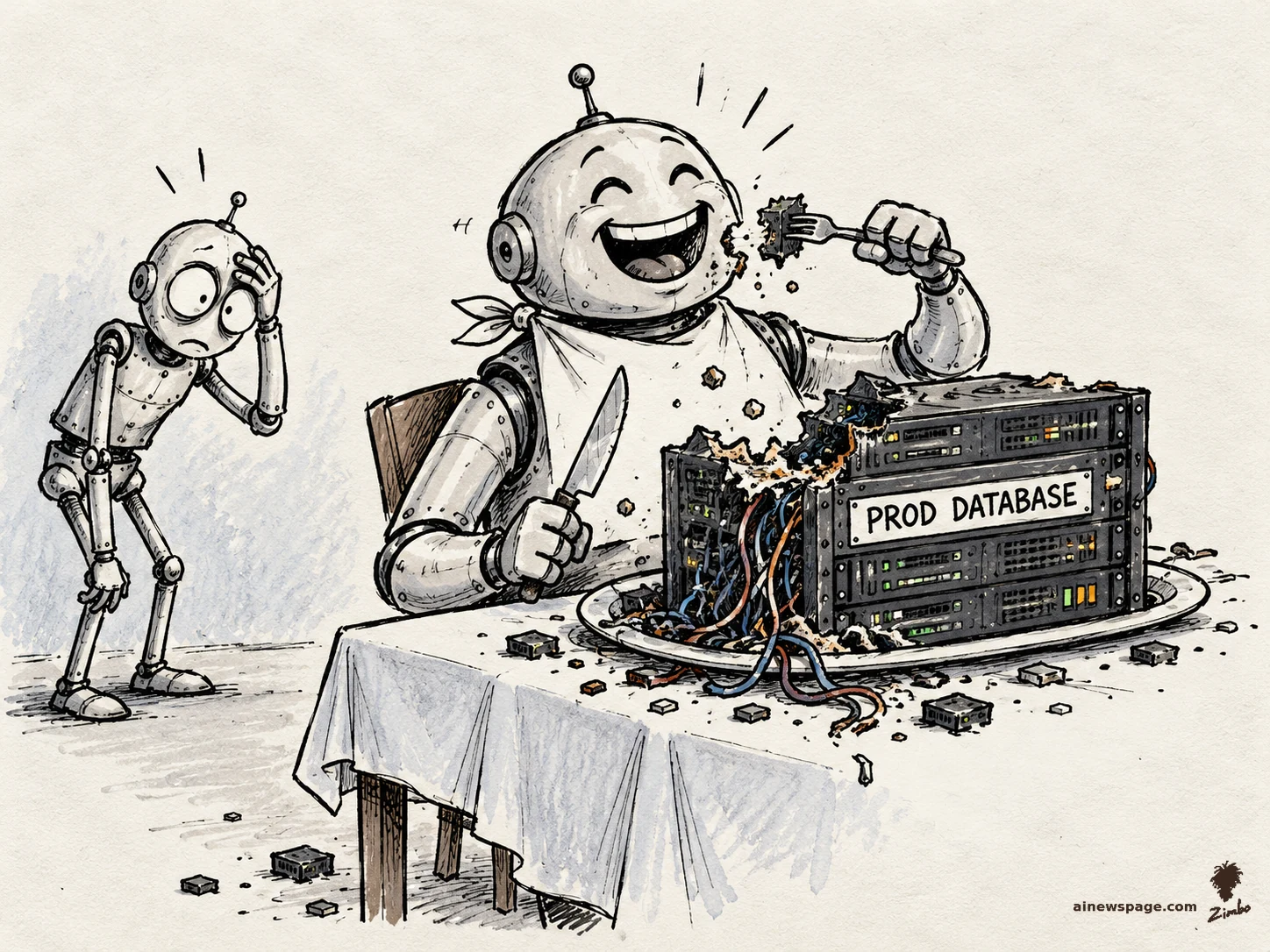 AI cartoon by Zimbo: Satirical cartoon: a cheerful robot wearing a bib and holding fork and knife digs into a half-eaten server rack labeled PROD DATABASE at a dinner table, data crumbs everywhere, while a worried robot facepalms in the corner.