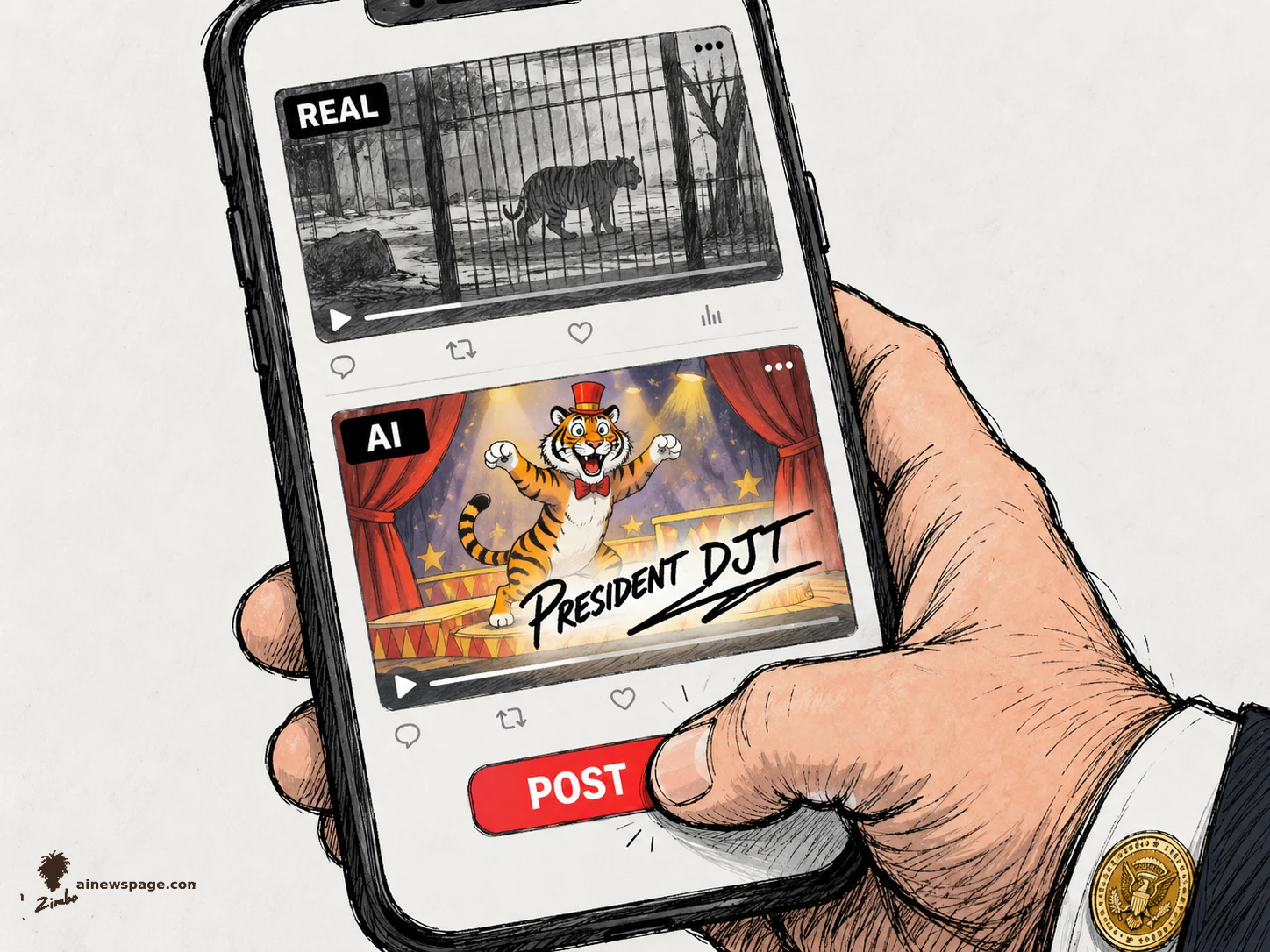 AI cartoon by Zimbo: Satirical cartoon: a suited hand with a presidential cufflink holds a phone showing two stacked posts — grainy REAL tiger-enclosure footage above, a cheerful cartoon AI tiger on a stage with a giant hand-scrawled 'PRESIDENT DJT' signature below — thumb poised over a red POST button.
