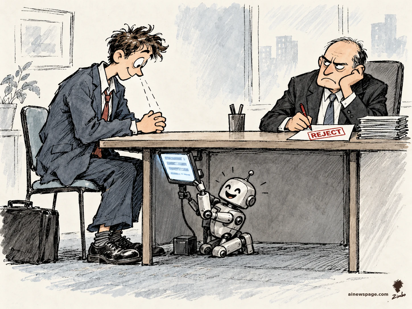 AI cartoon by Zimbo: Satirical cartoon: a nervous candidate at an interview table reads AI-fed answers from a concealed teleprompter screen under the desk, cheerfully operated by a small robot, while a bored interviewer's pen hovers over a paper stamped REJECT in red.