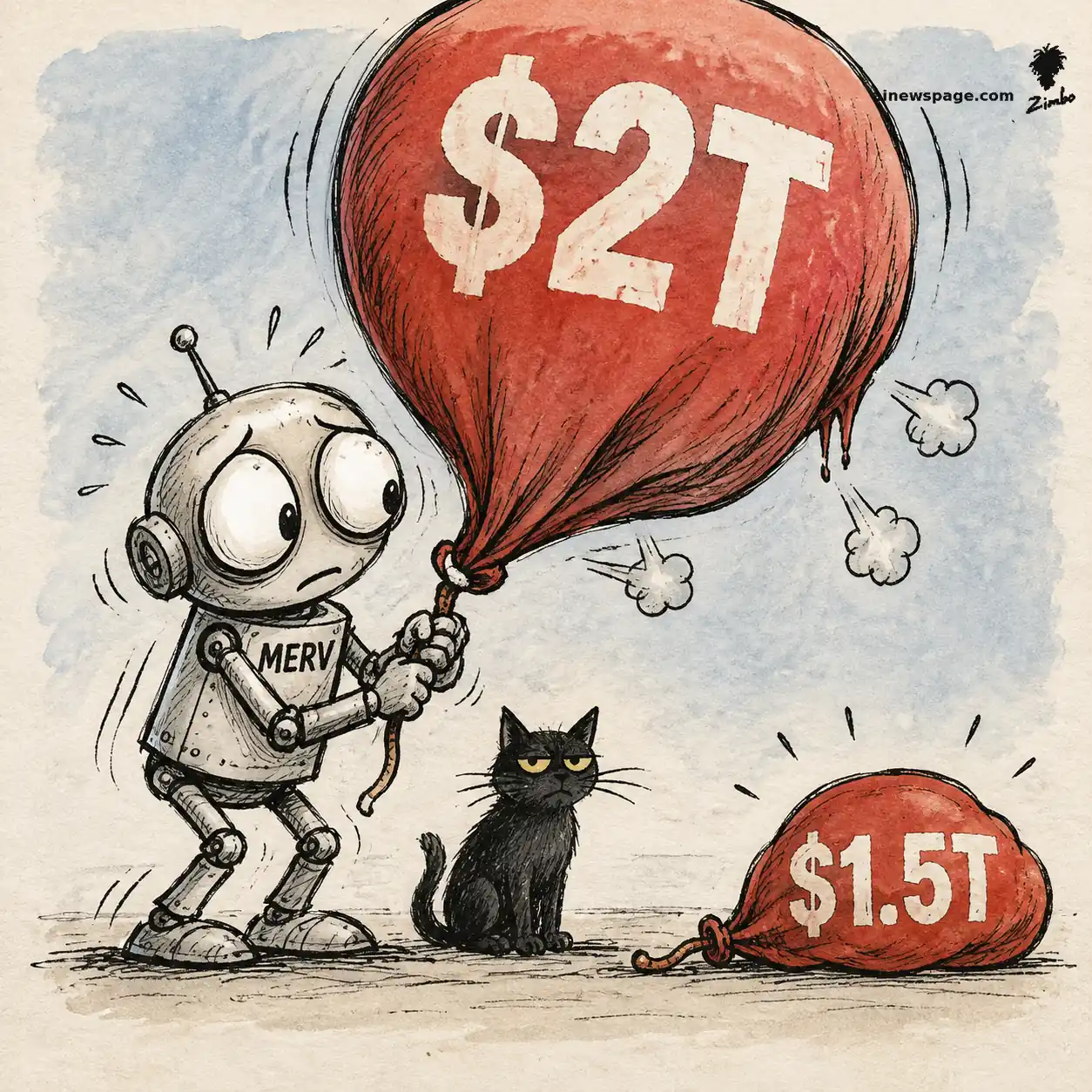 AI cartoon by Zimbo: Merv the anxious robot holds a giant deflating red balloon stenciled '$2T' as it hisses down into a limp puddle balloon stenciled '$1.5T'; Issue the unimpressed black cat watches — on Anthropic investors weighing a $1.5 trillion IPO valuation, down from $2 trillion.