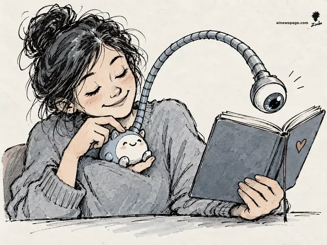 Satirical cartoon: a smiling girl cuddles a cute Tamagotchi-like charm while a telescoping stalk ending in a giant eyeball rises from it and peers over her shoulder into the diary she is writing in — on Meta’s cuddly-faced Muse Charm AI device.