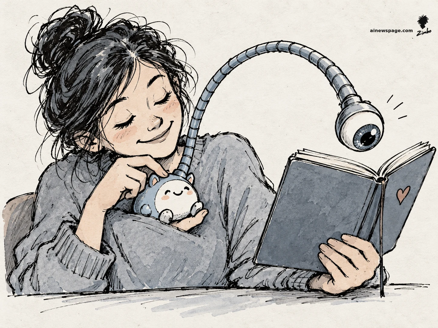 AI cartoon by Zimbo: Satirical cartoon: a smiling girl cuddles a cute Tamagotchi-like charm while a telescoping stalk ending in a giant eyeball rises from it and peers over her shoulder into the diary she is writing in — on Meta’s cuddly-faced Muse Charm AI device.