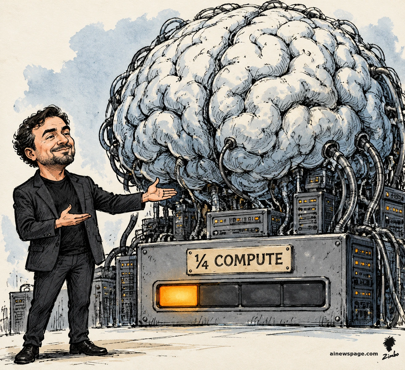 Caricature of Mustafa Suleyman proudly presenting a colossal cable-tangled artificial brain on a server pedestal stenciled '1/4 COMPUTE,' its power meter glowing only one quarter — on Microsoft's MAI-Base-2 unveiling and the claim it beat OpenAI on a quarter of the compute.