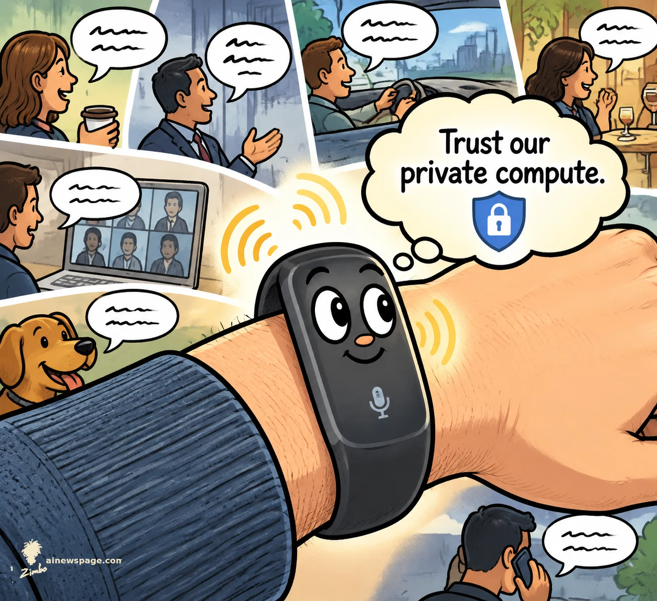 AI cartoon by Zimbo: Satirical cartoon: a cheerful smiling black wrist bracelet with a microphone absorbs a full day of conversations — coffee chat, meetings, driving, dinner, video calls, a dog, a phone call — while its thought bubble says ‘Trust our private compute.’