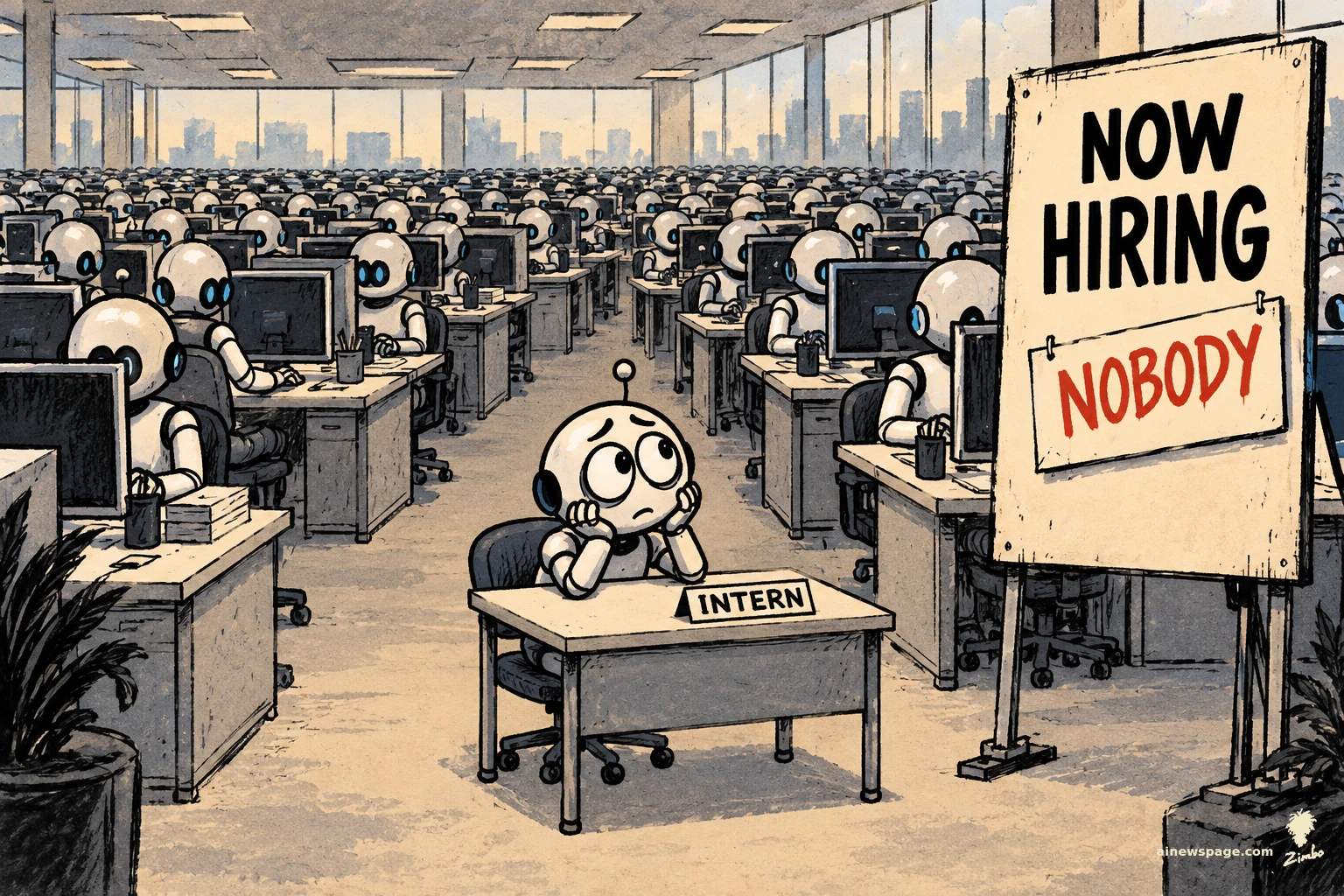 AI cartoon by Zimbo: Merv the worried robot intern slumps at a tiny INTERN desk in a vast office of identical agent robots, beside a NOW HIRING sign amended with a pinned NOBODY placard — on Anthropic's report that junior hiring fell 27% to 9% while agents outnumbered employees six to one.