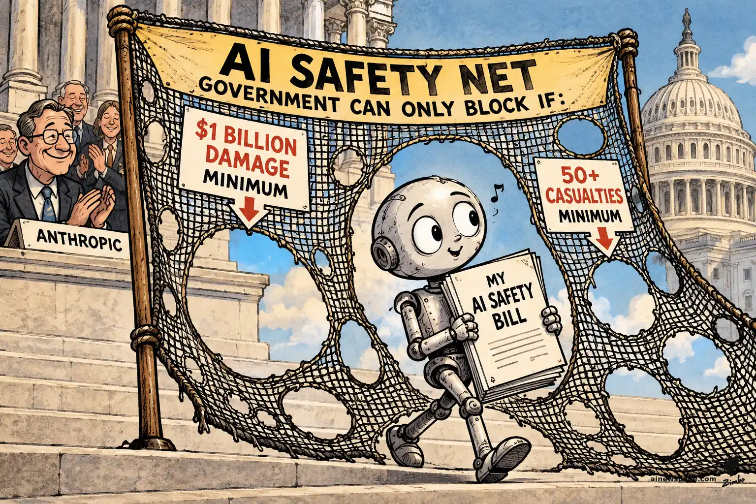 AI cartoon by Zimbo: Merv the worried robot strolls through a giant hole in a net labeled AI SAFETY NET, carrying a document reading MY AI SAFETY BILL, while applauding lawmakers sit behind an ANTHROPIC placard before the Capitol dome — on Anthropic pitching its own AI safety bill to Congress.