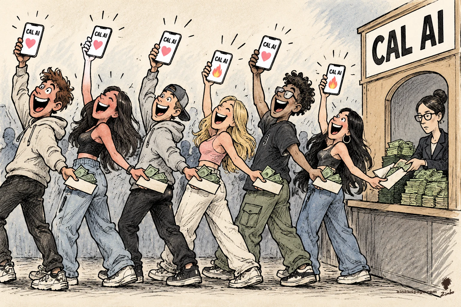AI cartoon by Zimbo: Satirical cartoon: a line of cheering influencers wave phones showing "CAL AI" while taking cash envelopes from a "CAL AI" cashier window.