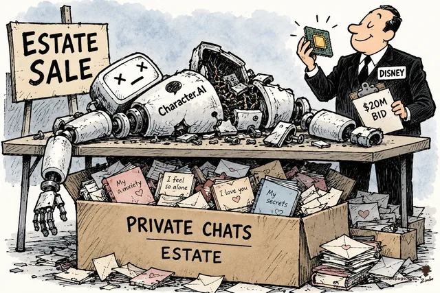 Satirical cartoon: a broken dead robot labeled "Character.AI" lies on an "ESTATE SALE" table while a smiling buyer with a "DISNEY" badge holds a "$20M BID" clipboard; a box marked "PRIVATE CHATS — ESTATE" overflows with confessional notes.